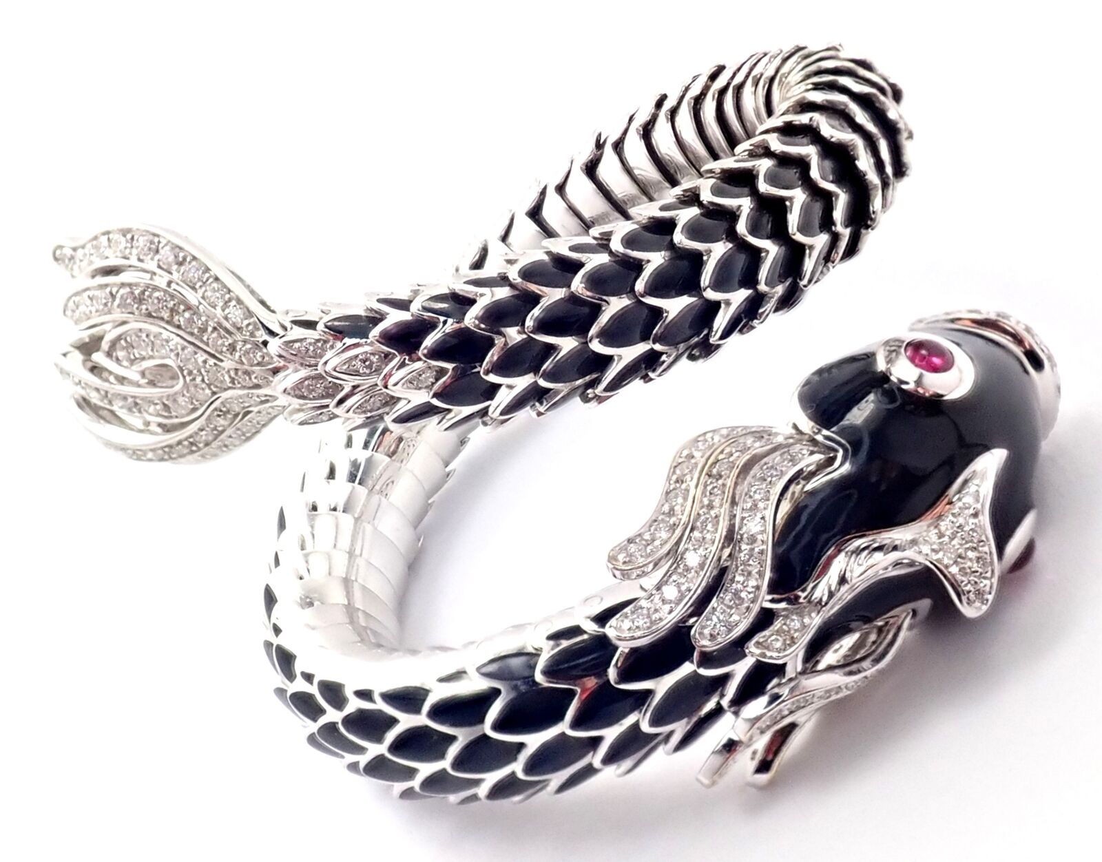 Authentic! Roberto Coin Nemo 18k White Gold Diamond Ruby Enamel Cuff Bracelet | Fortrove