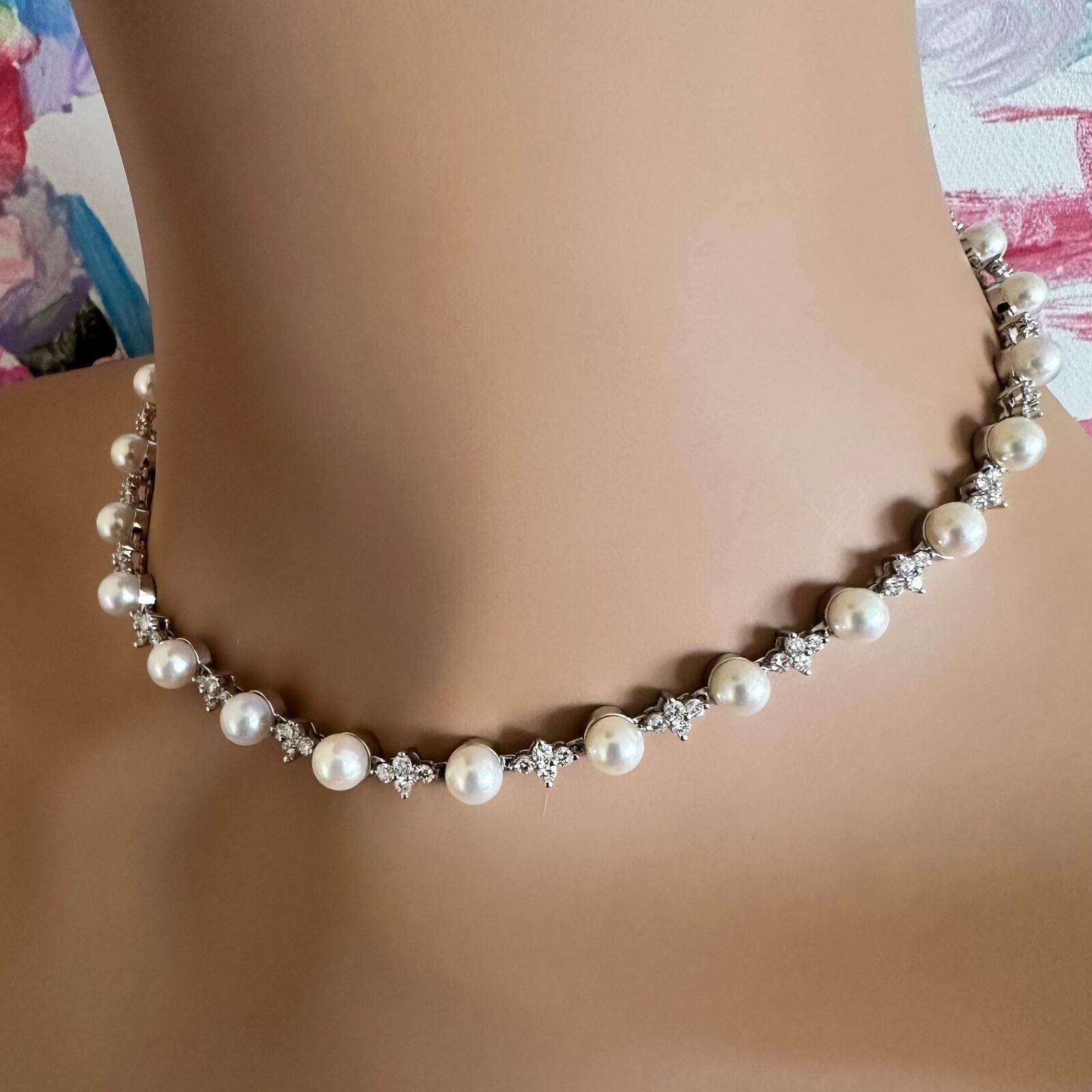 Authentic! Tiffany & Co Platinum Diamond 6.5mm Pearl Necklace | Fortrove
