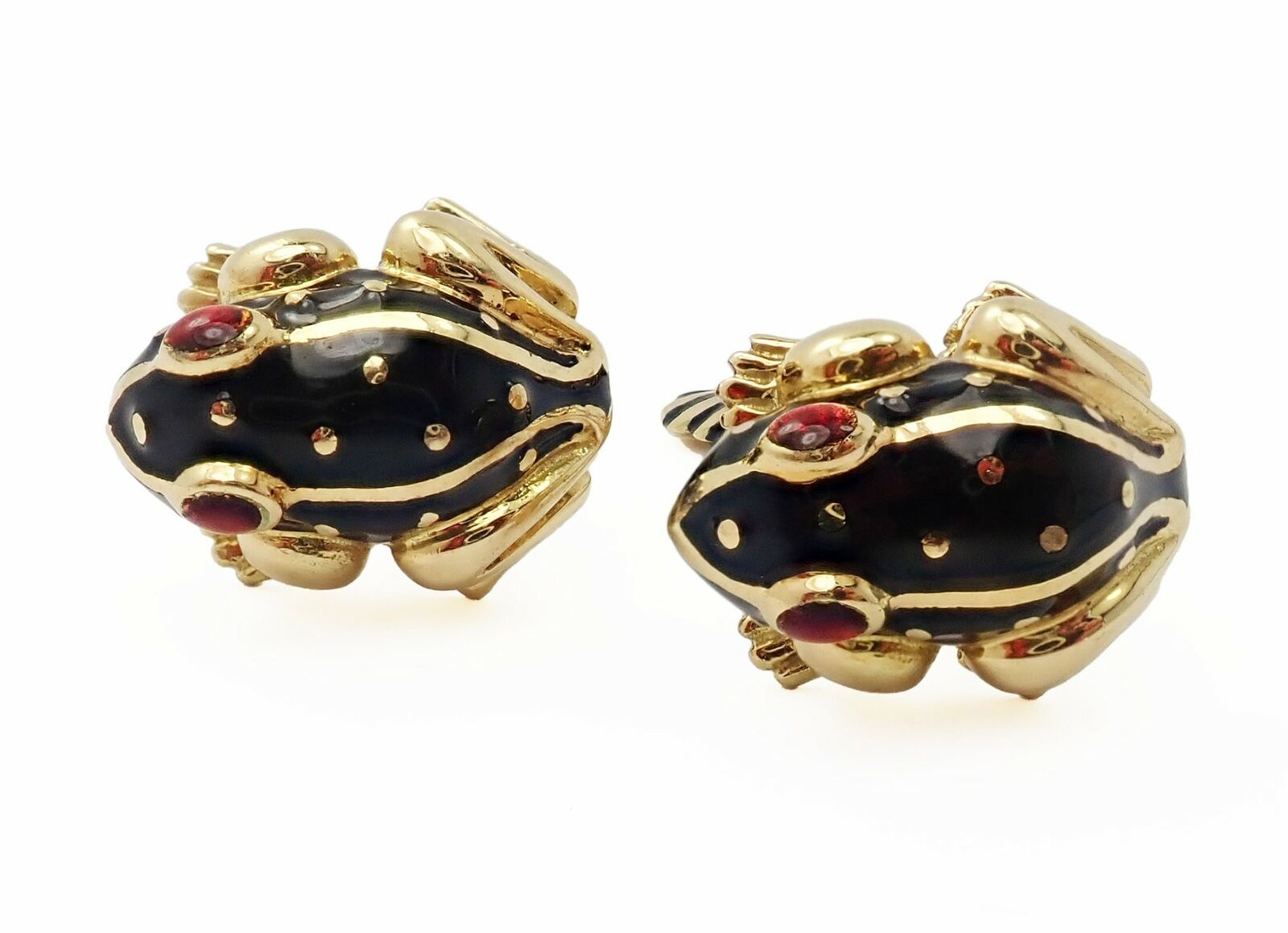 Authentic! Vintage David Webb 18k Yellow Gold Ruby Black Enamel Frog Cufflinks | Fortrove