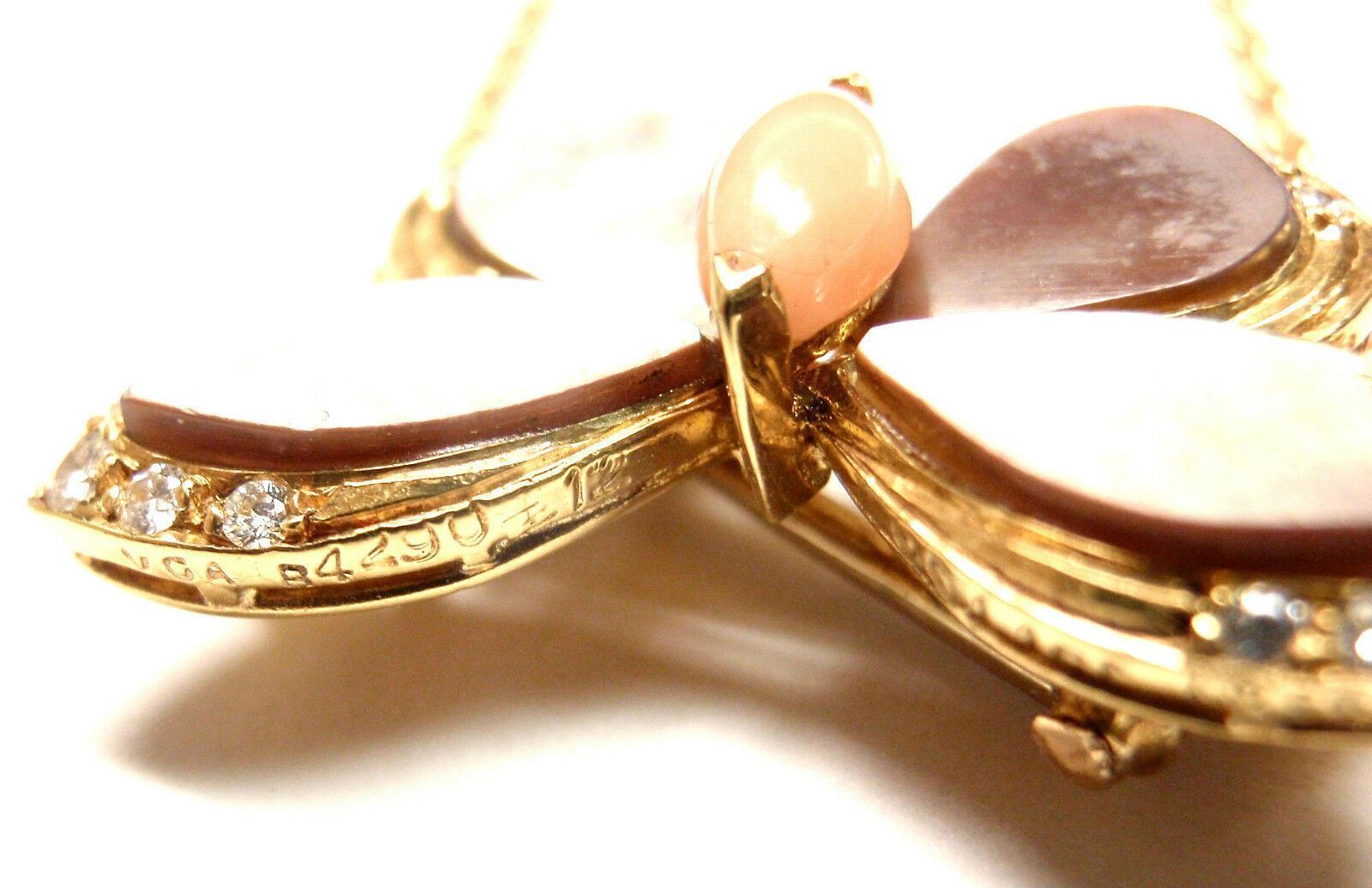 VAN CLEEF & ARPELS 18k Yellow Gold Diamond MOP Coral Butterfly Brooch Necklace | Fortrove