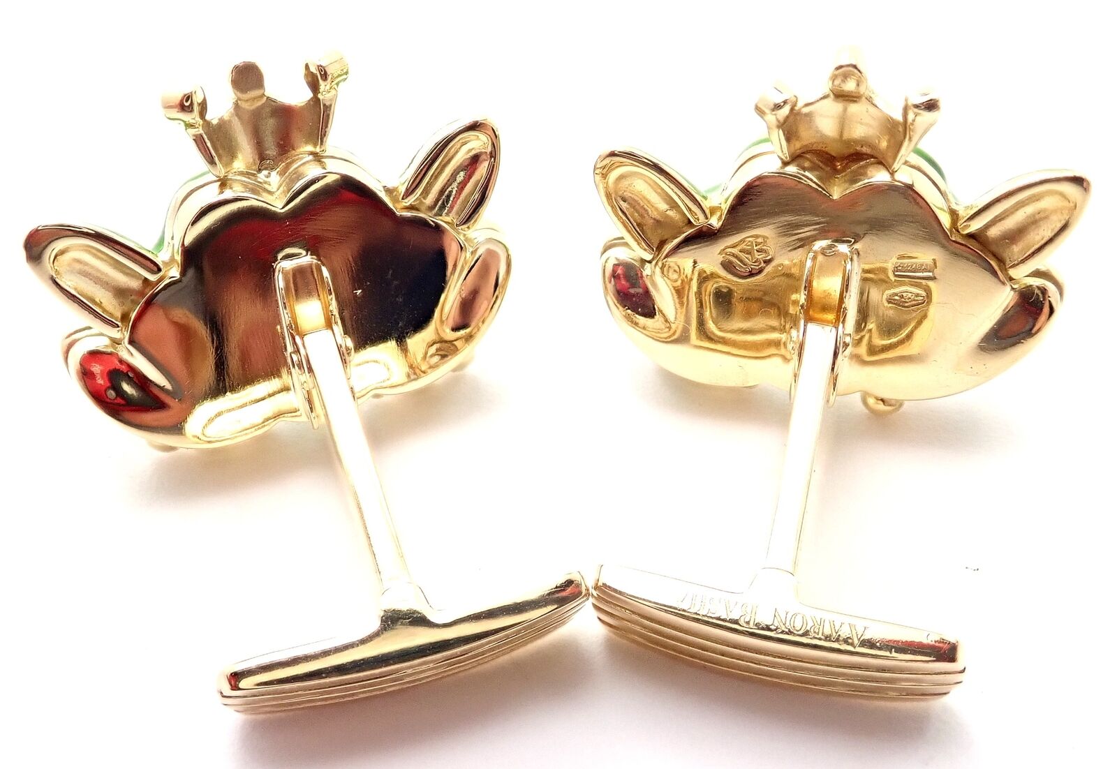 Authentic! Aaron Basha 18k Yellow Gold Diamond Enamel Frog Prince Cufflinks | Fortrove