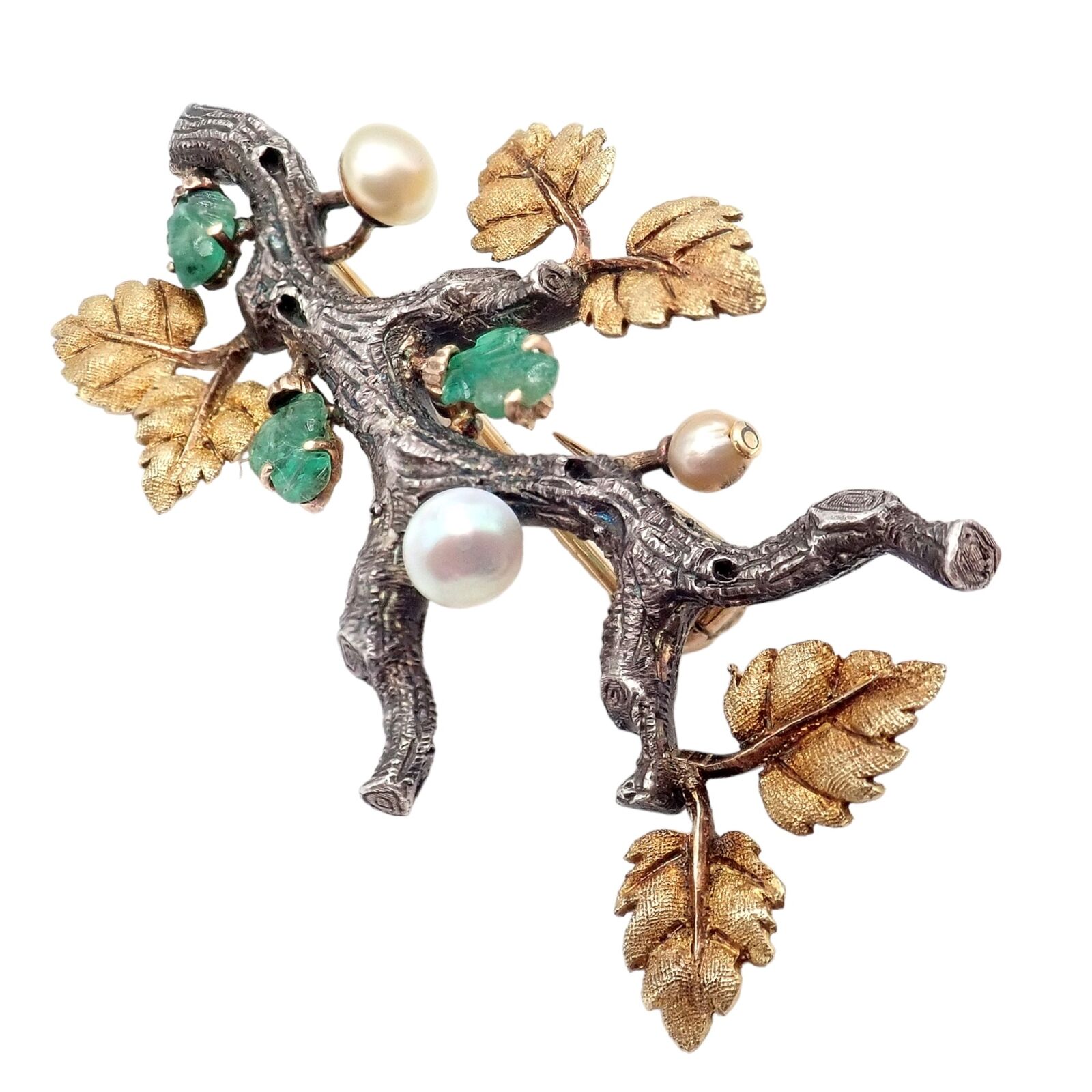 Vintage Buccellati 18k White Yellow Gold Carved Emerald Branch Twig Brooch Pin | Fortrove
