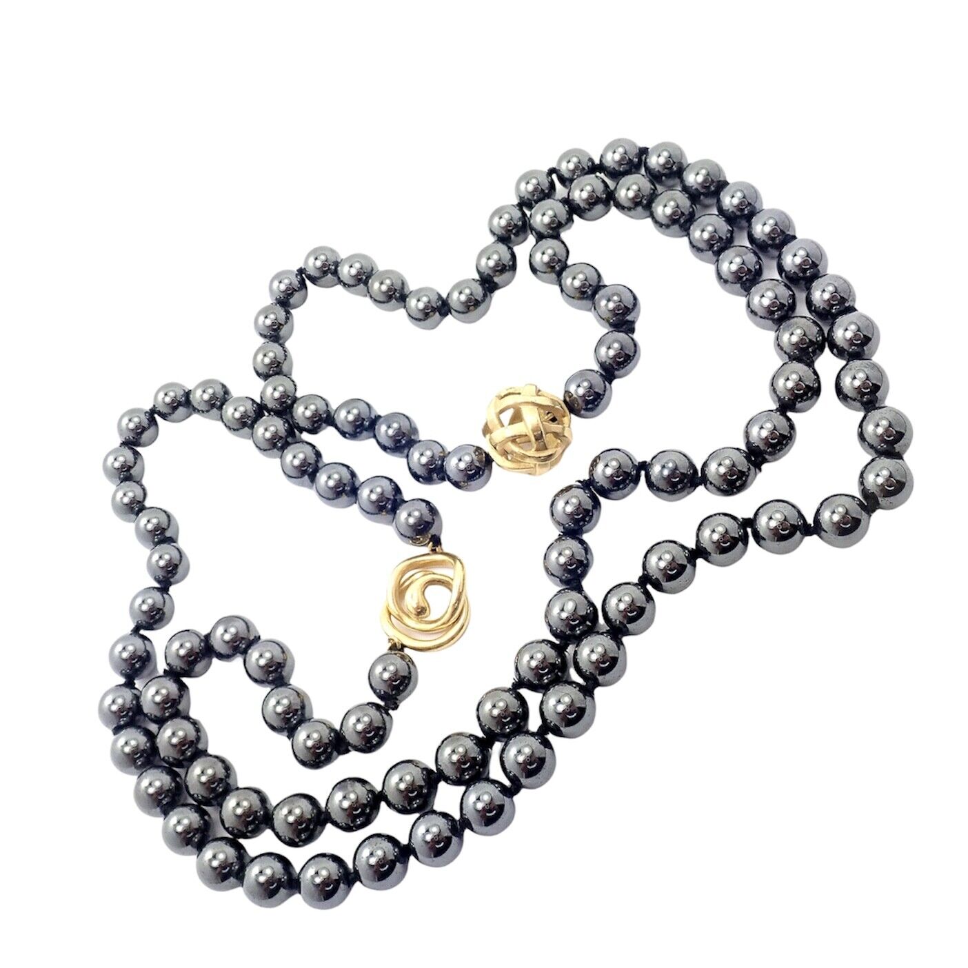 Authentic! Angela Cummings 18k Yellow Gold Hematite Bead 38" Long Necklace 1988 | Fortrove