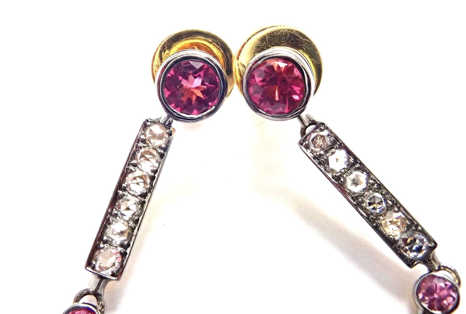 Rare! Authentic Laura Munder 18k Yellow Gold Diamond Pink Sapphire Earrings | Fortrove