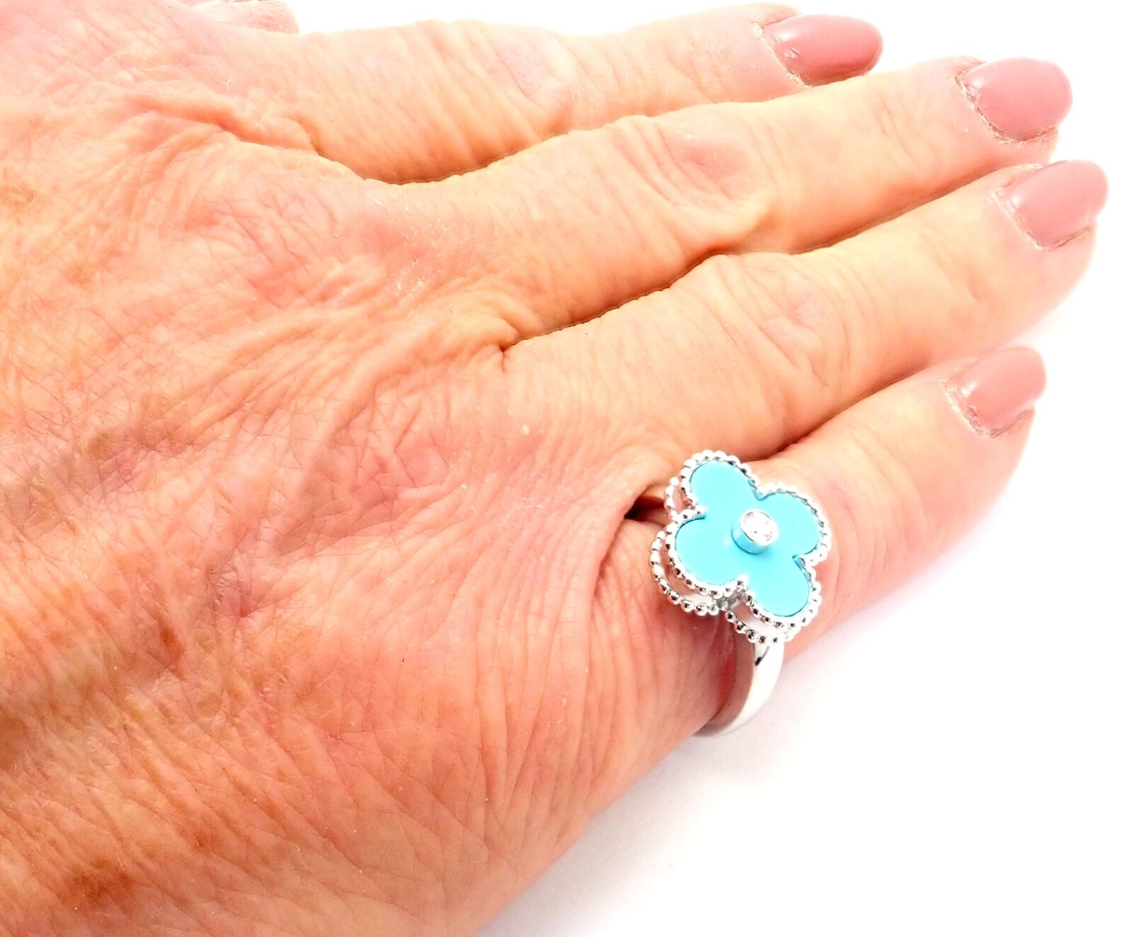 Authentic! Van Cleef & Arpels Alhambra 18k White Gold Diamond Turquoise Ring | Fortrove