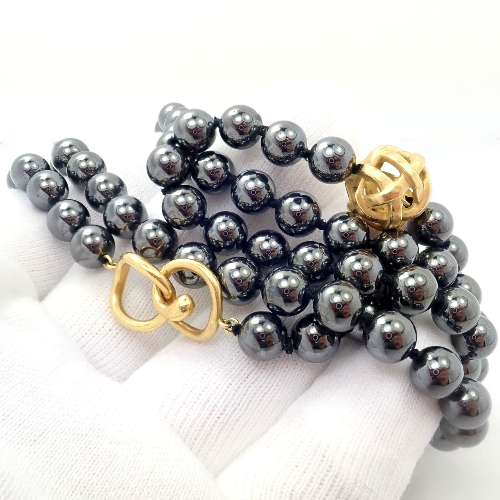 Authentic! Angela Cummings 18k Yellow Gold Hematite Bead 38" Long Necklace 1988 | Fortrove