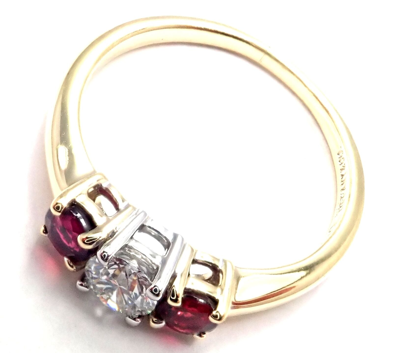 Authentic! Tiffany & Co 18k Gold Platinum Three Stone Diamond Ruby Band Ring | Fortrove