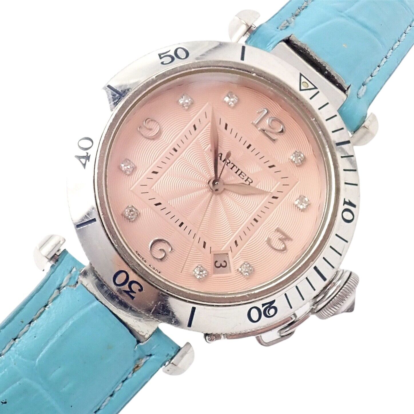 Authentic! Cartier 18k White Gold Pasha Pink Dial Miami Diamond Automatic Watch | Fortrove