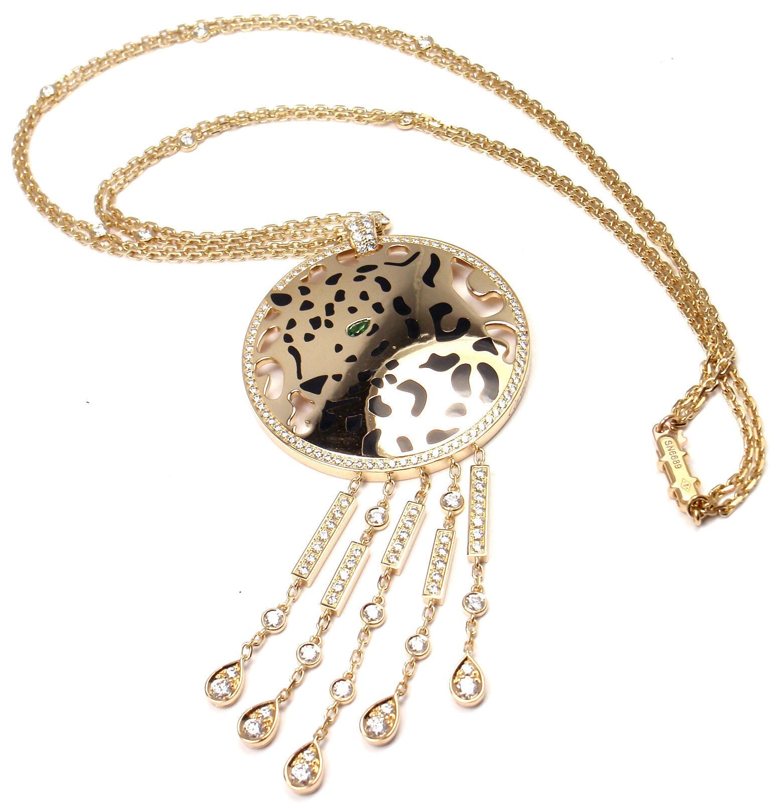 Authentic! Cartier Panther 18k Yellow Gold Diamond Tsavorite Lacquer Necklace | Fortrove
