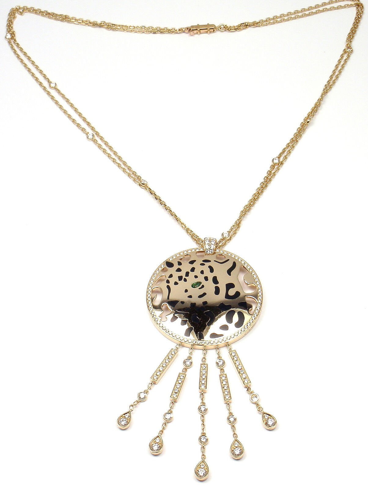 Authentic! Cartier Panther 18k Yellow Gold Diamond Tsavorite Lacquer Necklace | Fortrove