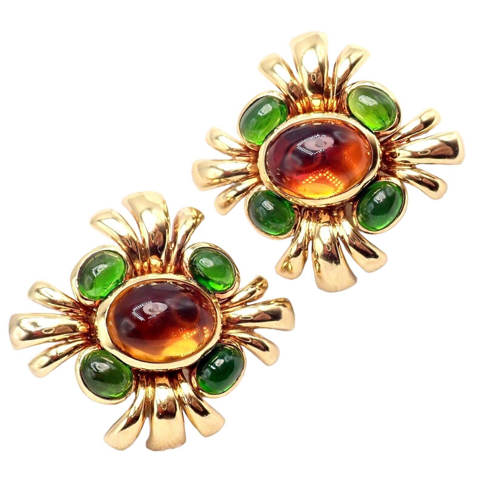 Authentic! Verdura 18k Yellow Gold Citrine Green Tourmaline Vintage Earrings | Fortrove
