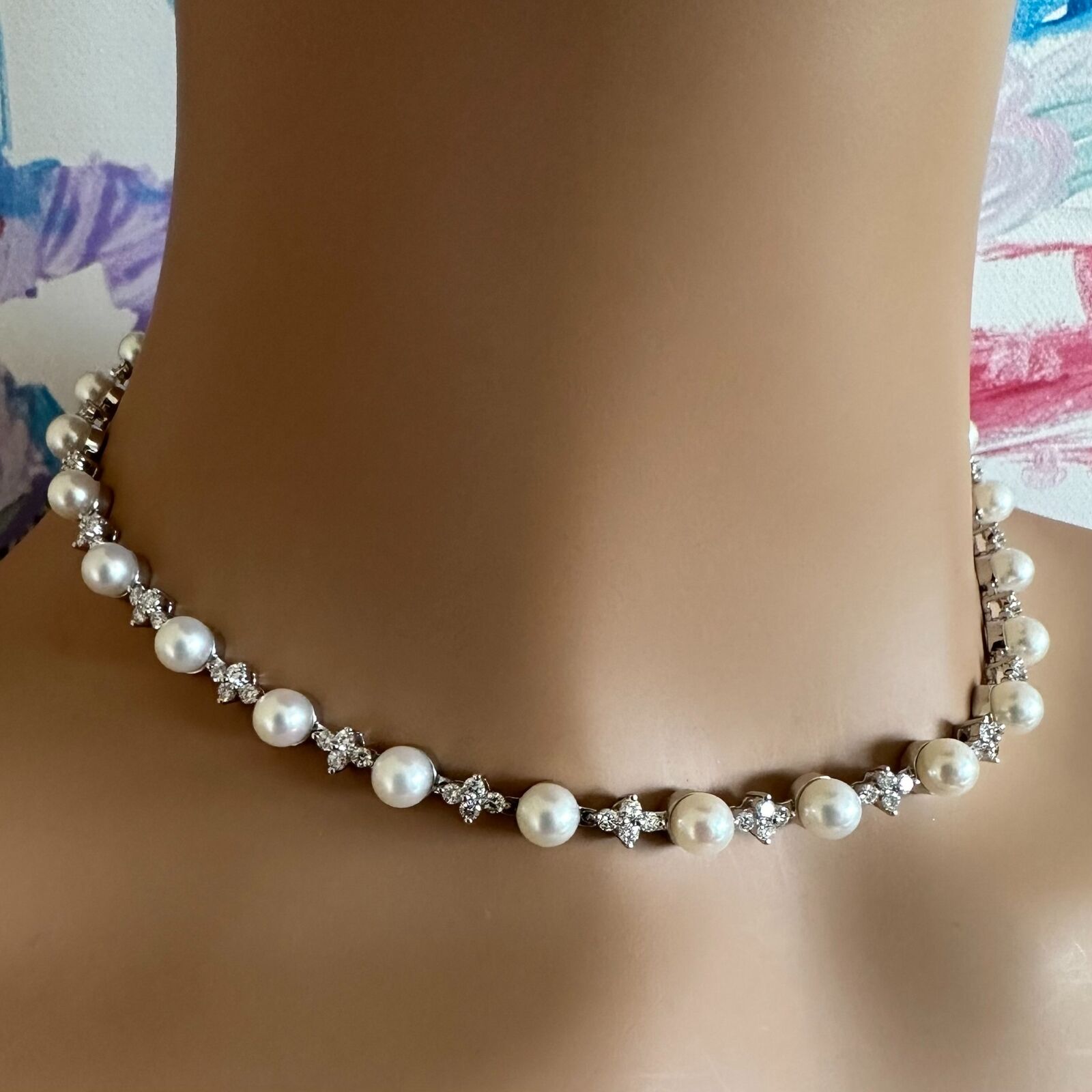 Authentic! Tiffany & Co Platinum Diamond 6.5mm Pearl Necklace | Fortrove