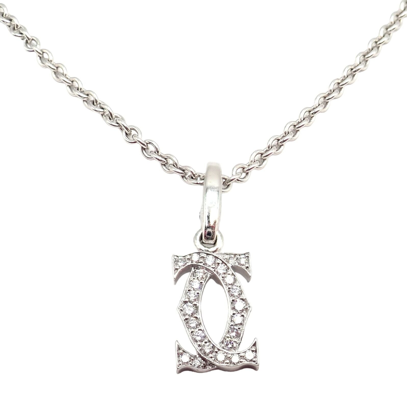 Authentic! Cartier Double C 18k White Gold Diamond Pendant Necklace | Fortrove