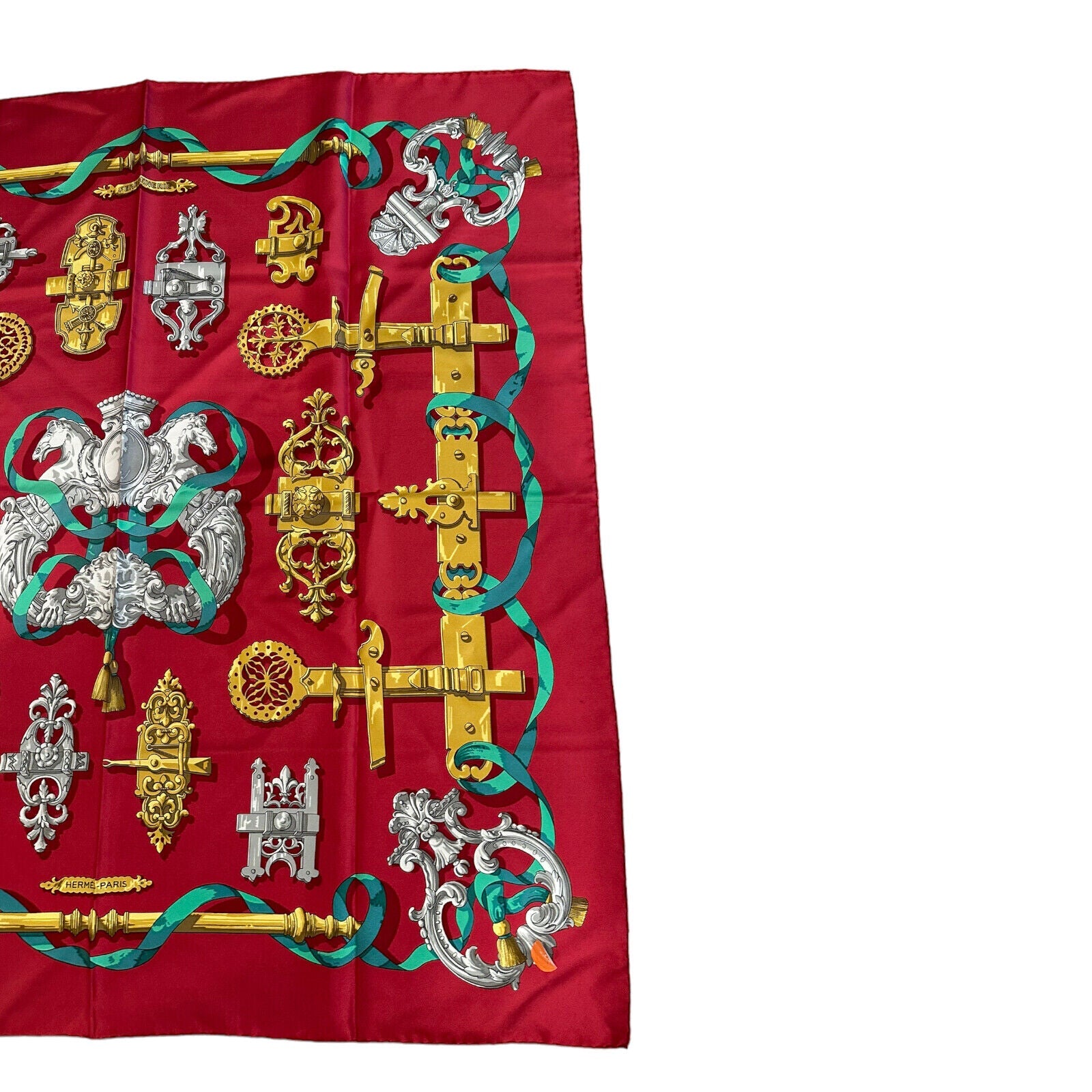 Hermes Clothing, Shoes & Accessories:Women:Women's Accessories:Scarves & Wraps Authentic RARE! Hermes Ferronnerie Ironwork Carre Vintage 90cm Red Silk Scarf