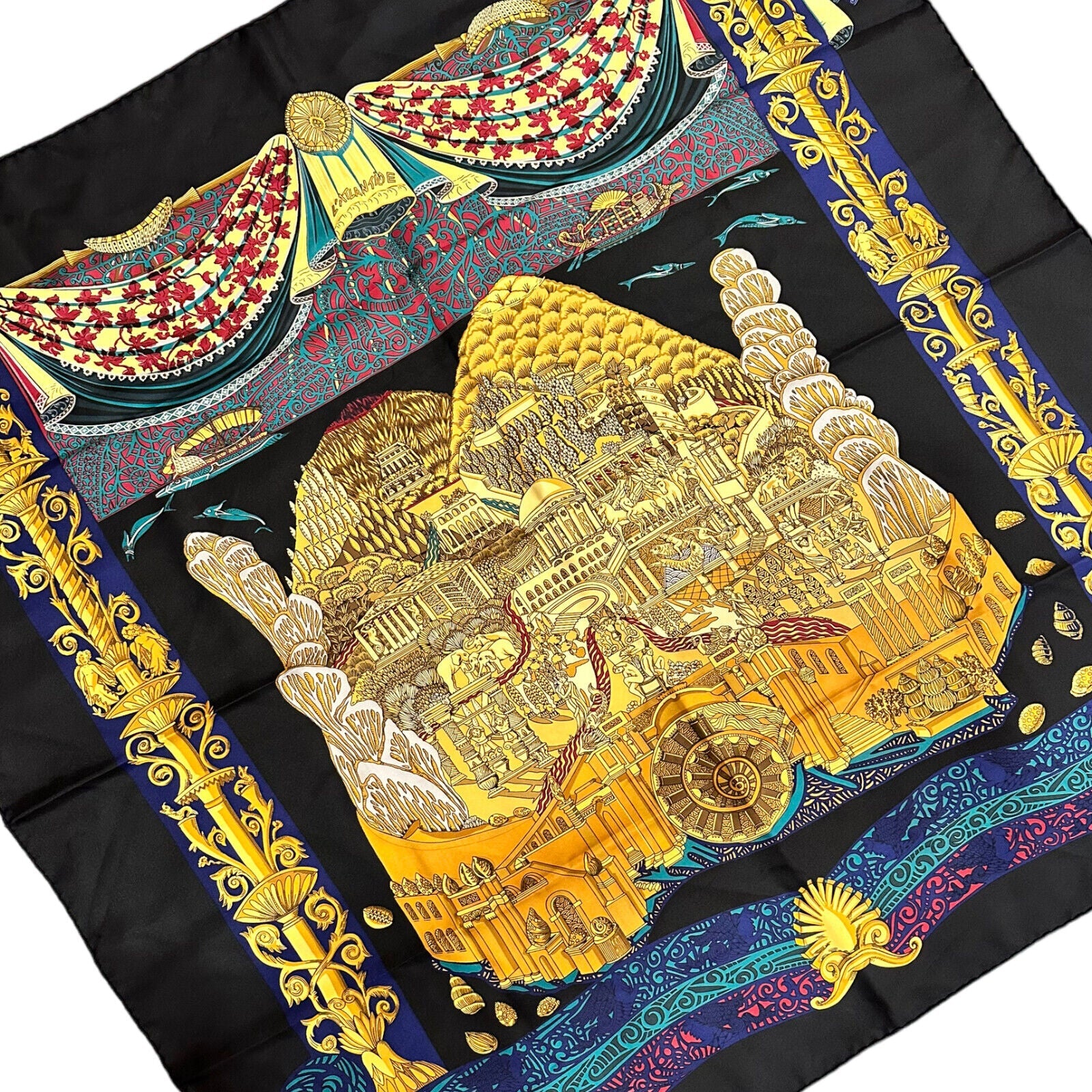 Hermes Carre L'Atlantide Atlantis Vintage 90cm Black Multicolor Silk Scarf | Fortrove