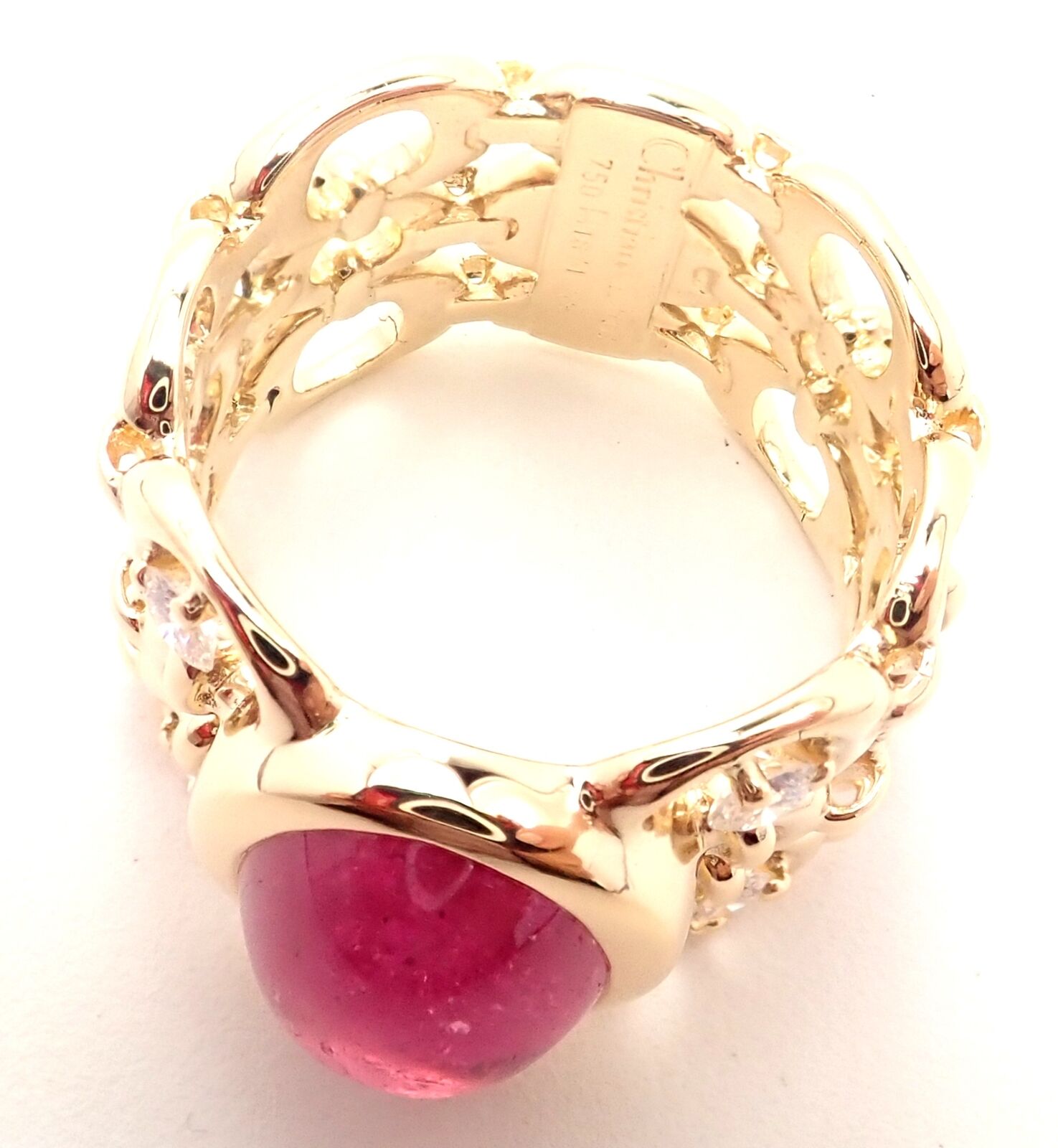 Authentic Christian Dior 18k Yellow Gold Diamond Large Pink Tourmaline Band Ring | Fortrove