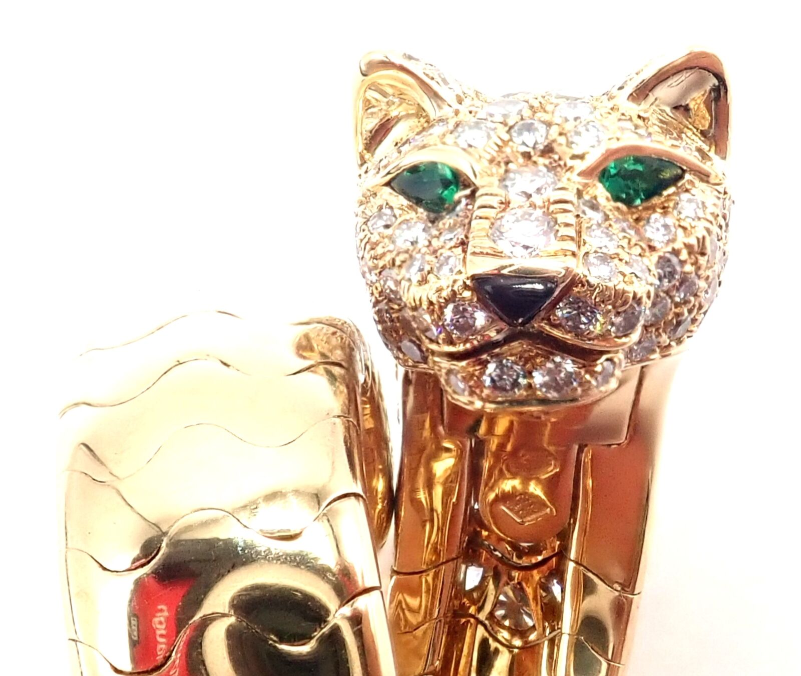 Authentic! Cartier Panther 18k Yellow Gold Diamond Emerald Onyx Band Ring | Fortrove