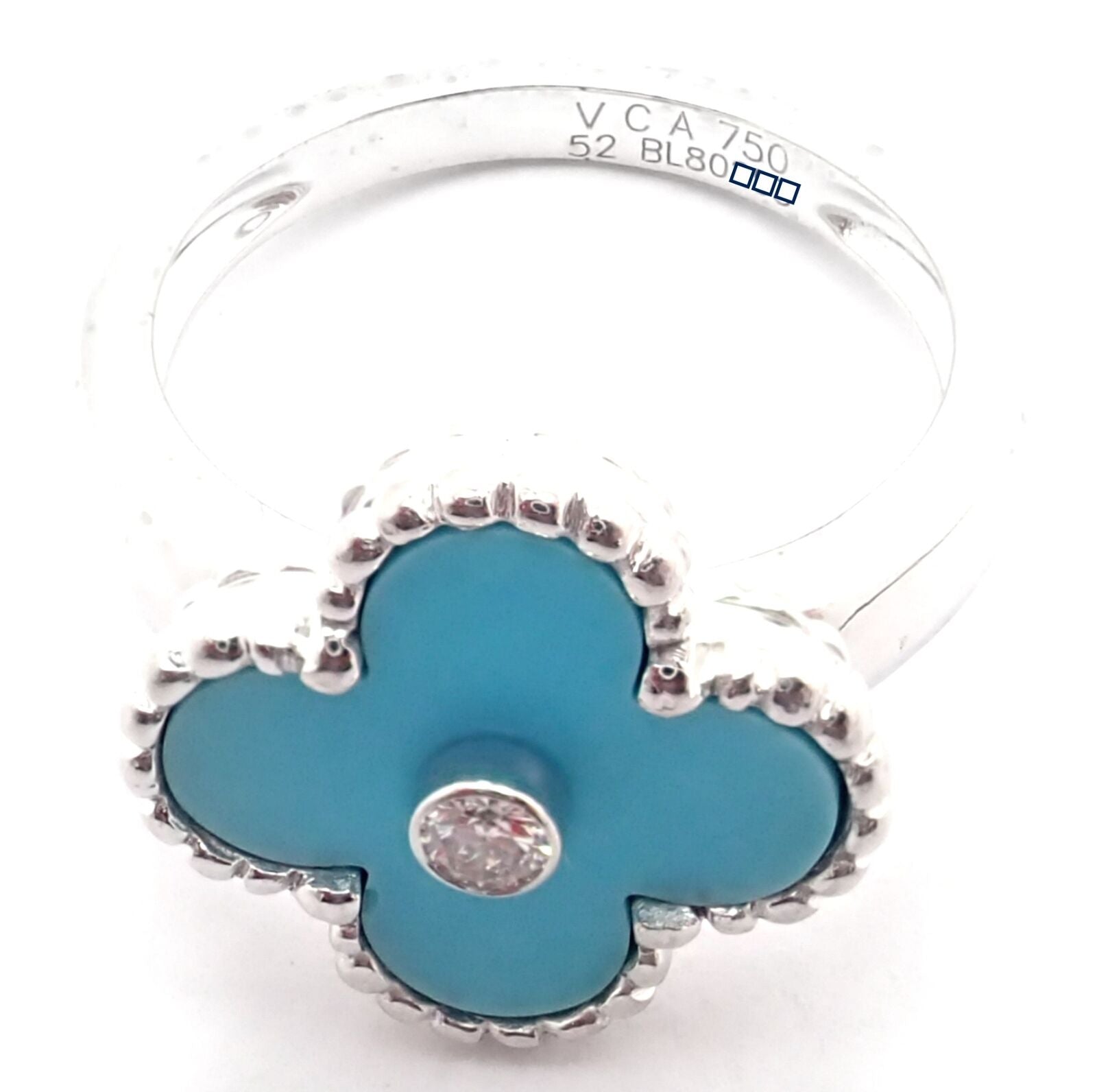 Authentic! Van Cleef & Arpels Alhambra 18k White Gold Diamond Turquoise Ring | Fortrove