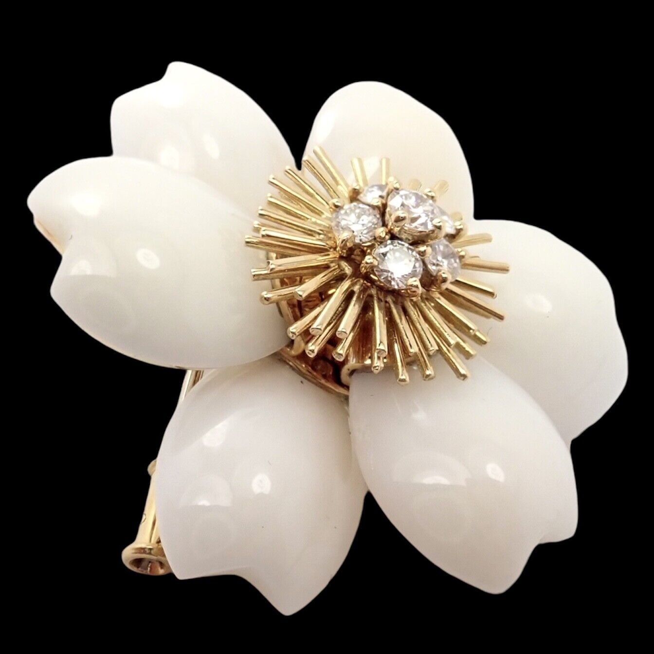 Van Cleef & Arpels Rose de Noel Diamond White Coral Flower Yellow Gold Brooch | Fortrove