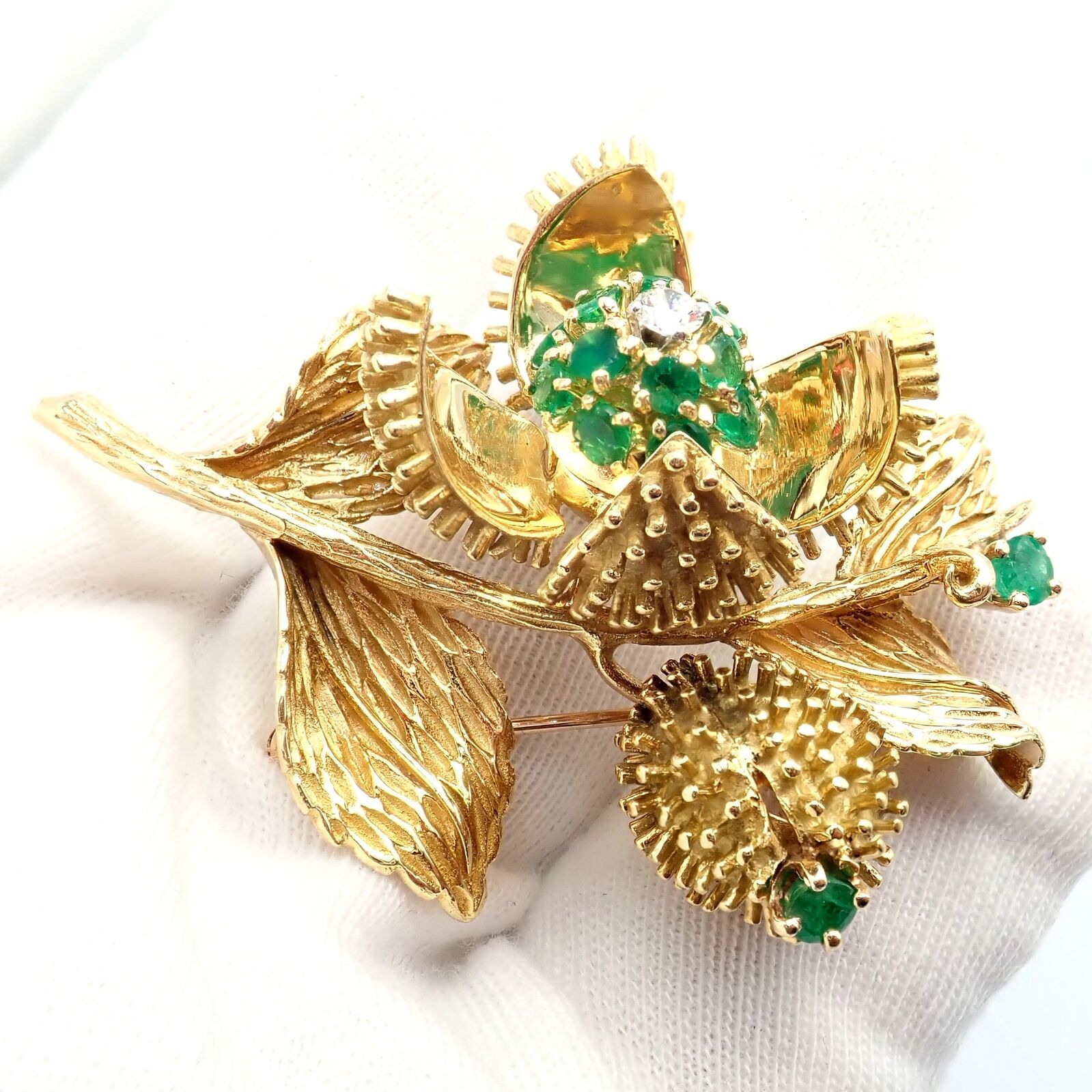 Rare! Tiffany & Co 18k Yellow Gold Diamond Emerald Flower Night & Day Brooch Pin | Fortrove