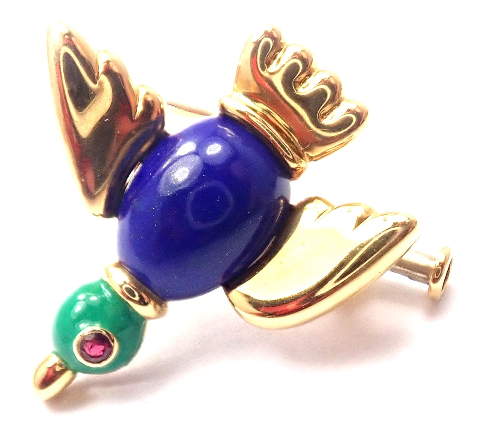 Authentic! Vintage Cartier 18k Yellow Gold Lapis Lazuli Ruby Bird Pin Brooch | Fortrove