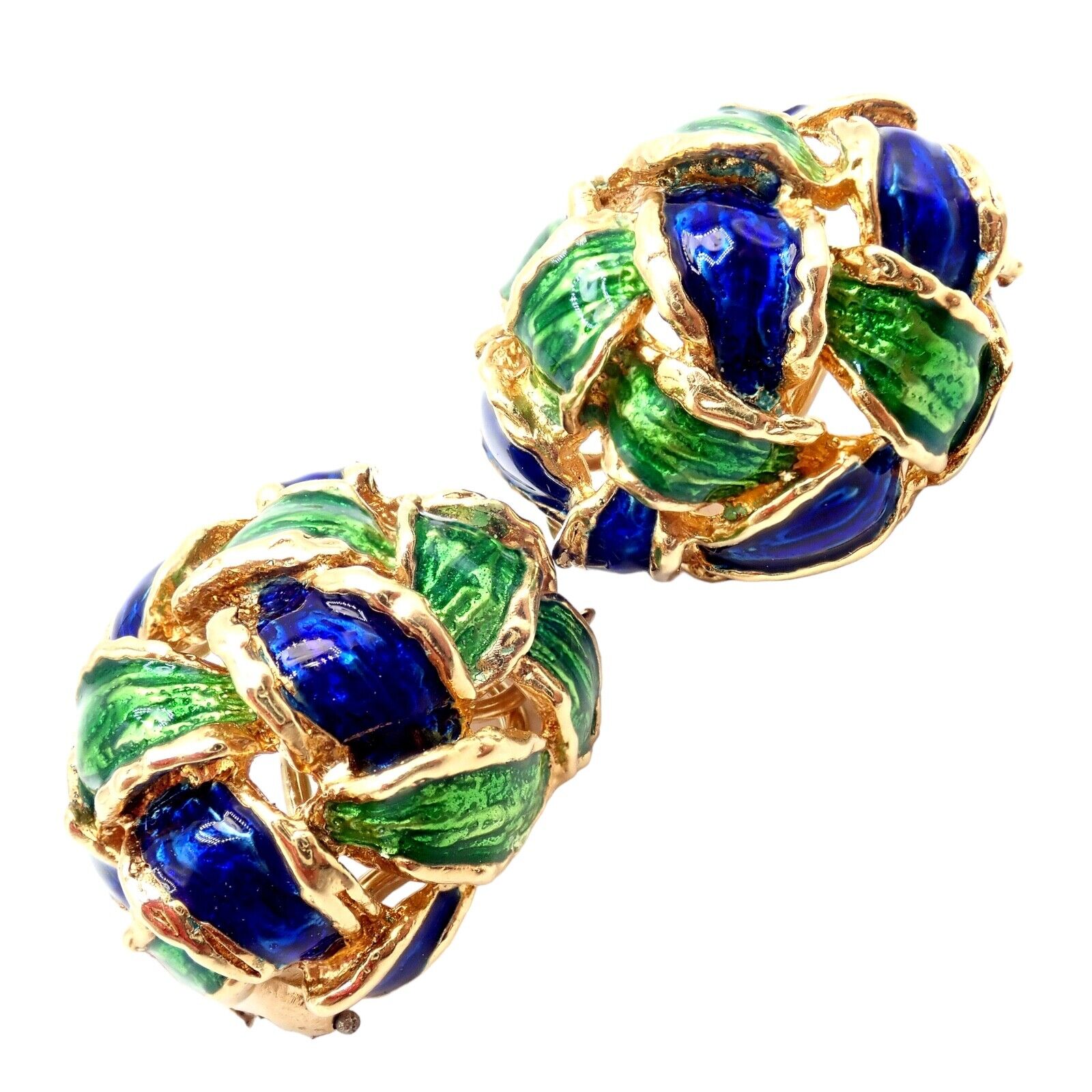 Vintage Tiffany & Co Green Blue Enamel 18k Yellow Gold Basket Weave Earrings | Fortrove