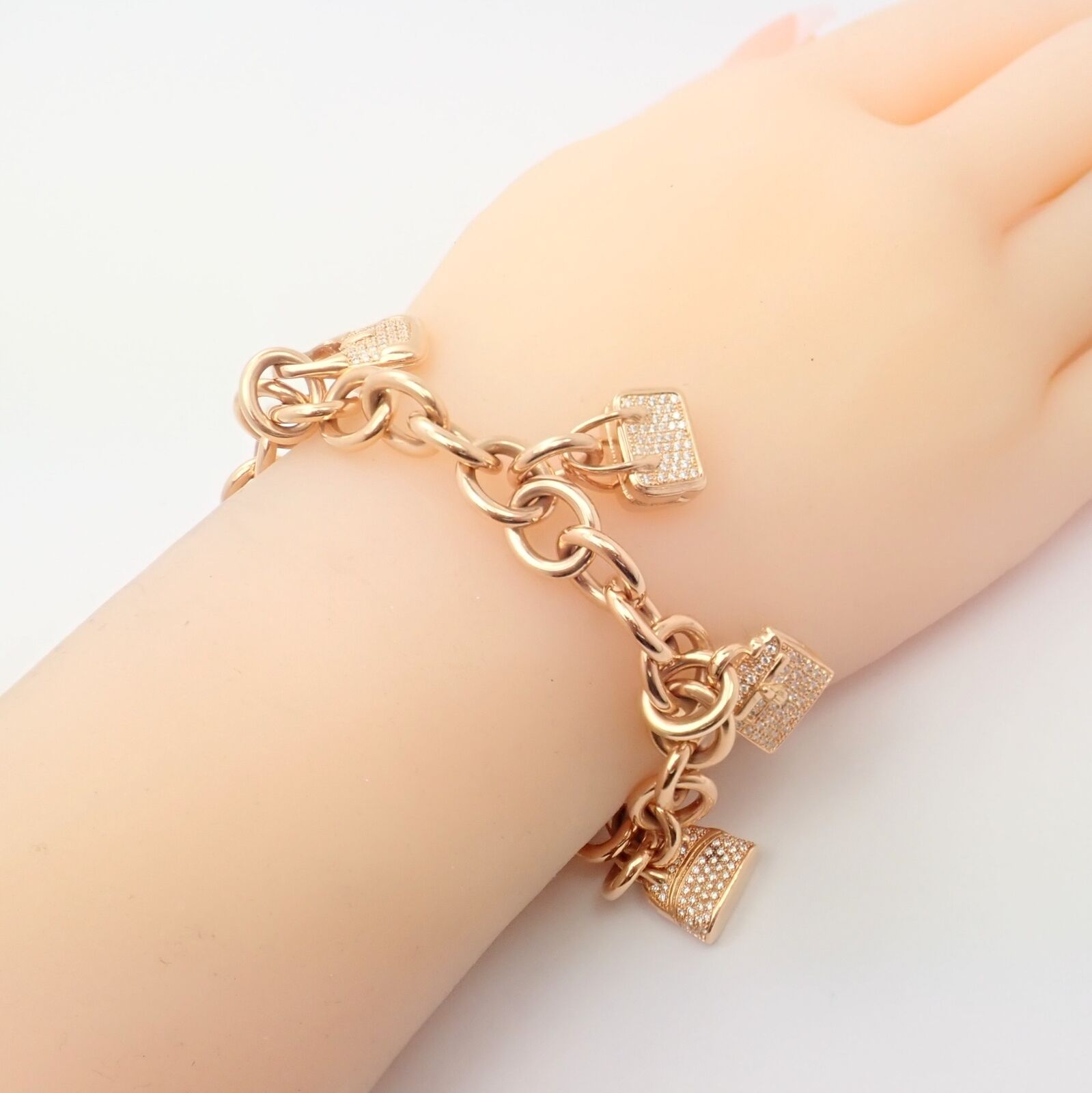 Authentic! Hermes 18k Rose Gold Diamond Signature Iconic Bag Charm Link Bracelet | Fortrove