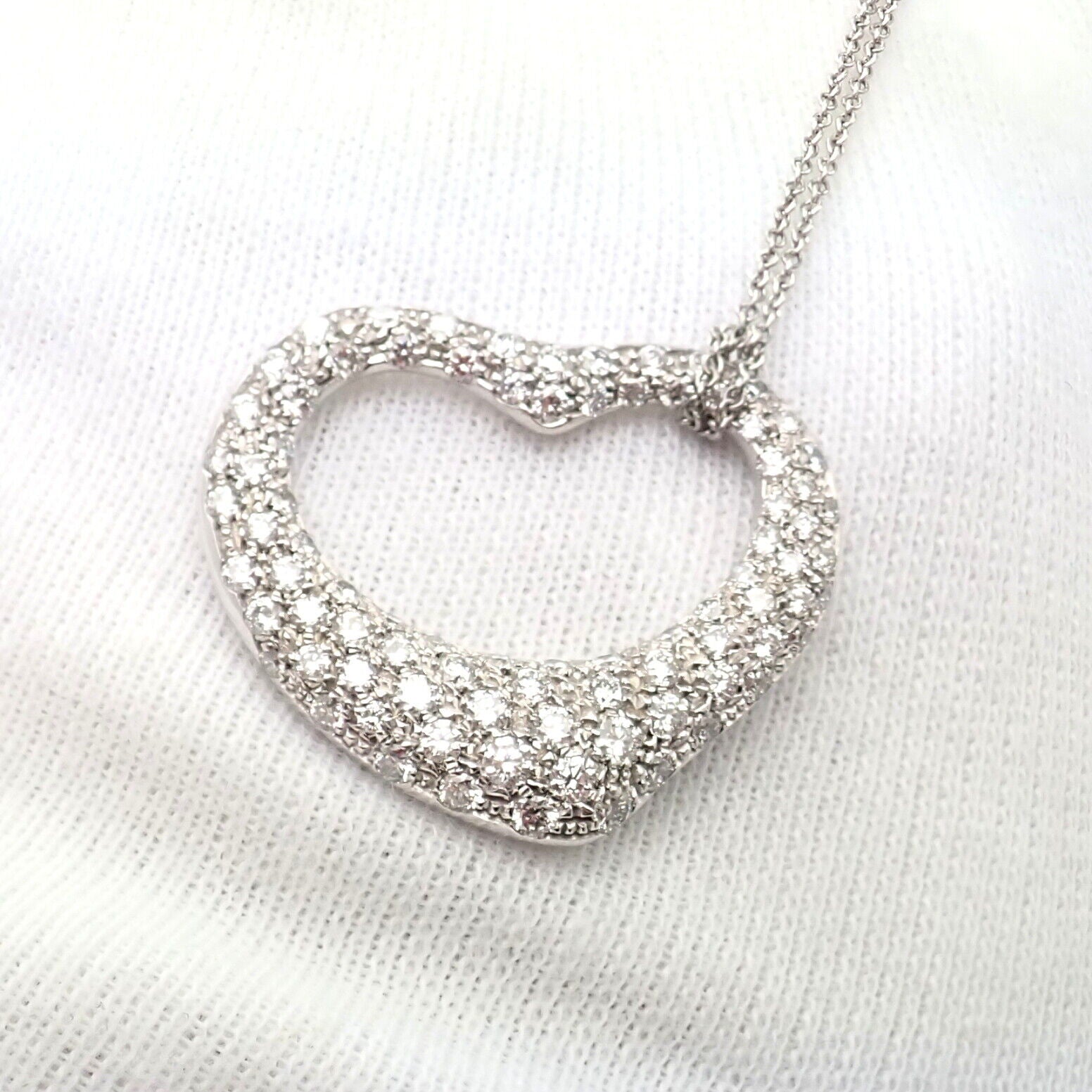 Authentic! Tiffany & Co Elsa Peretti Platinum Diamond Large Open Heart Necklace | Fortrove