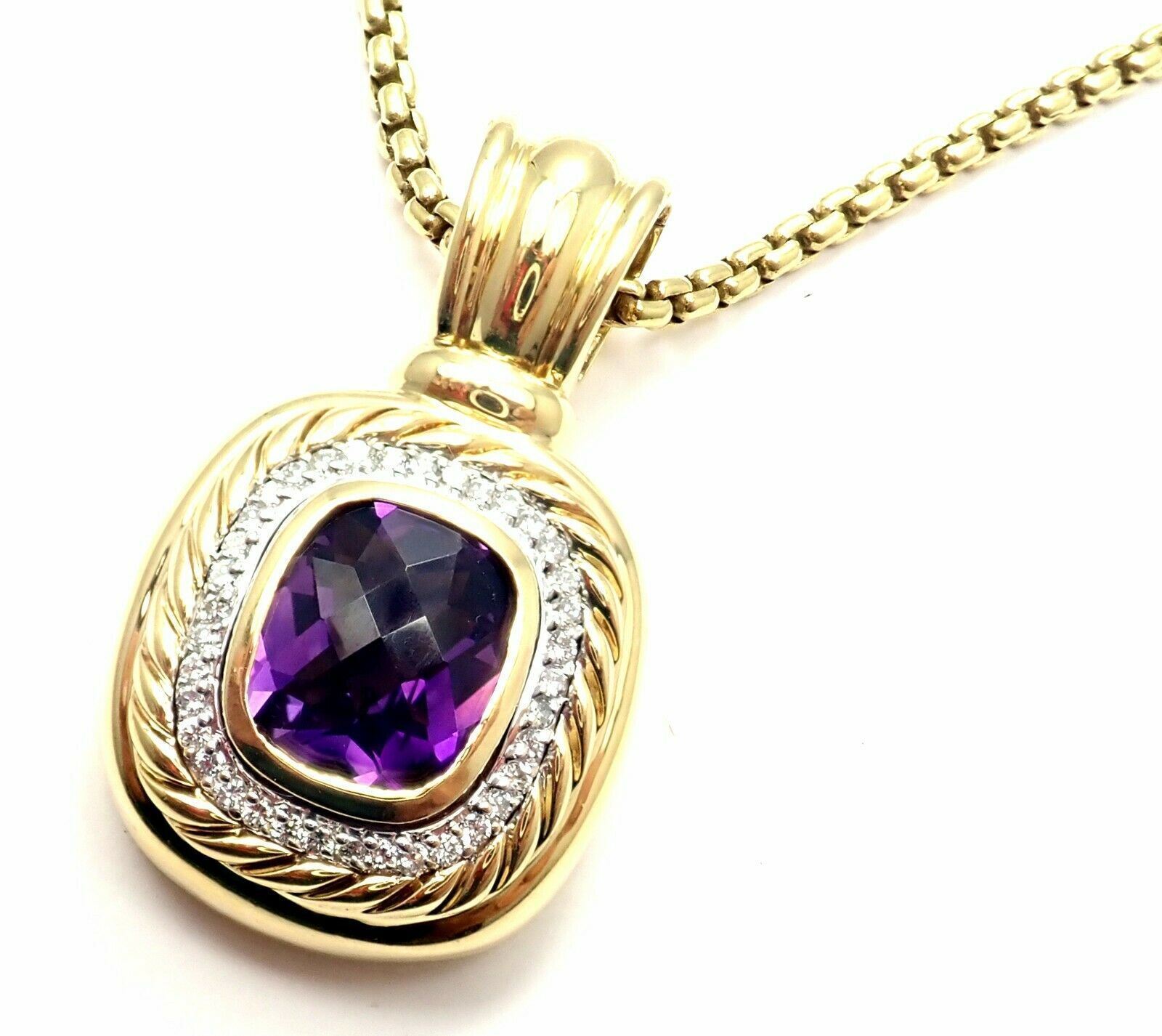David Yurman Cable 18k Yellow Gold Amethyst Diamond Large Pendant Chain Necklace | Fortrove