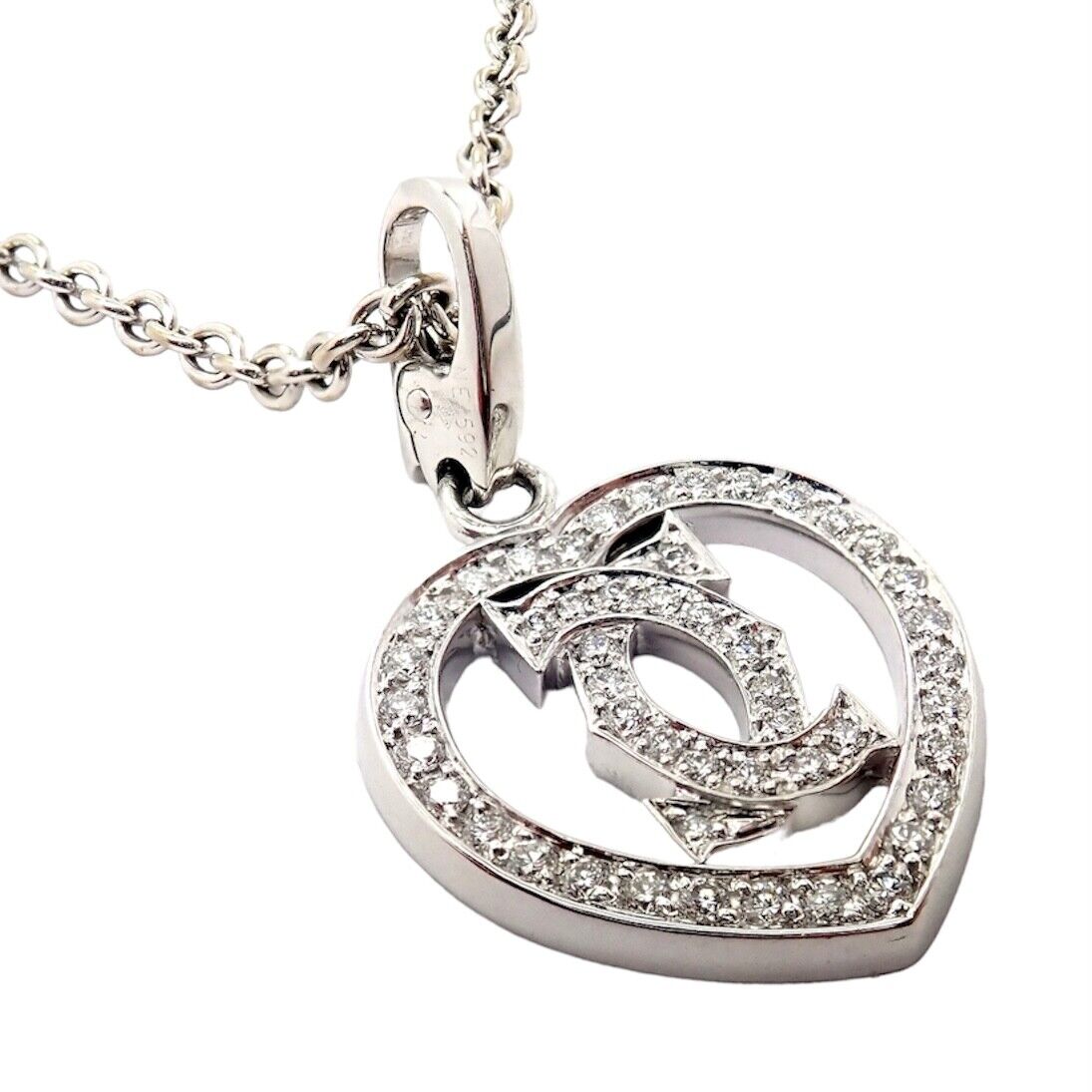 Authentic! Cartier Double C Heart 18k White Gold Diamond Pendant Necklace | Fortrove