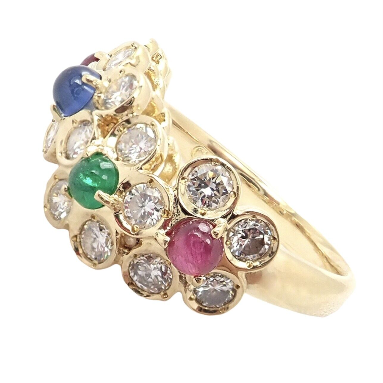 Rare! Authentic Christian Dior 18k Yellow Gold Ruby Emerald Diamond Flower Ring | Fortrove