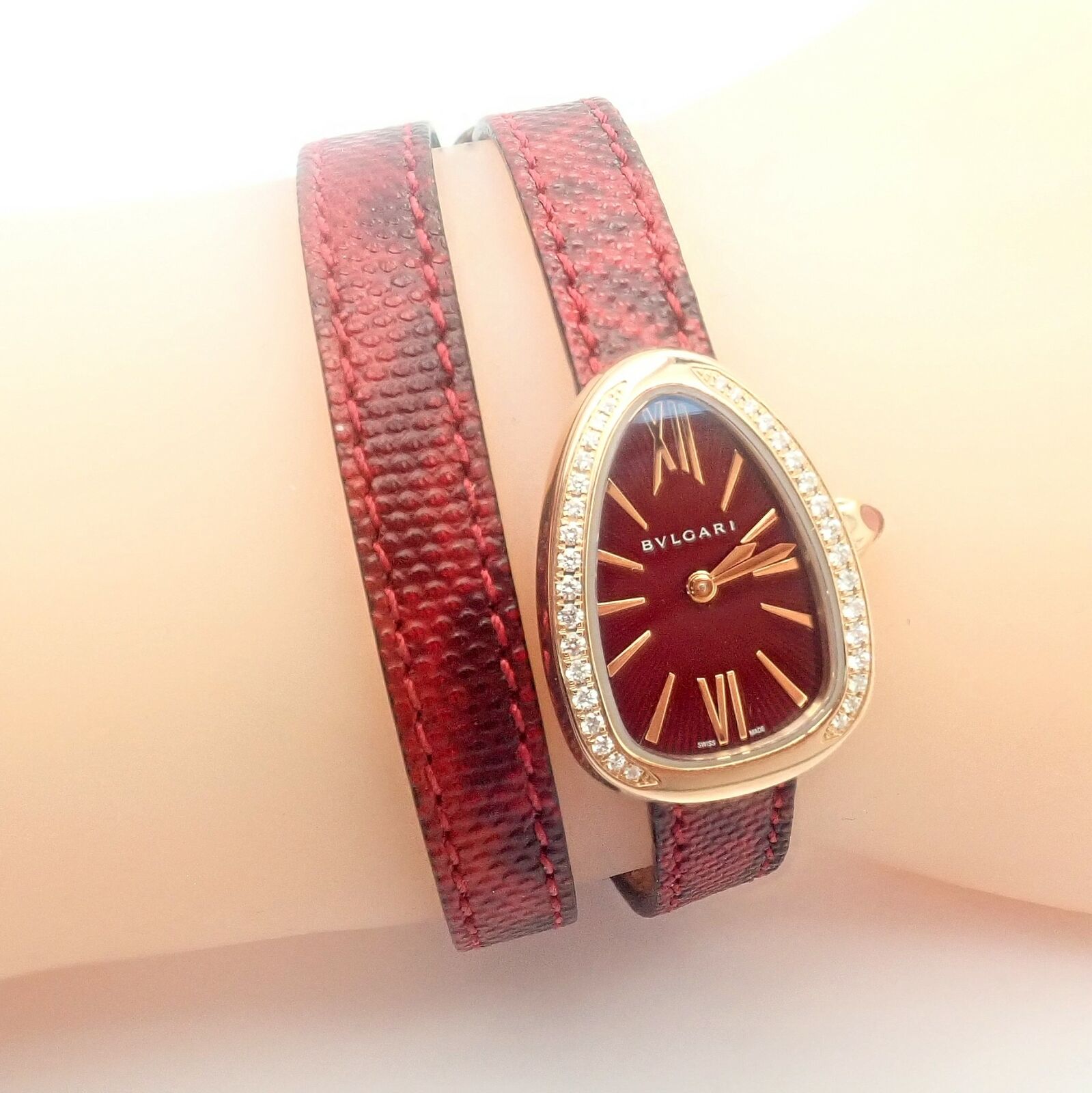 Bulgari 18k Rose Gold Diamond Tubogas Red Serpenti Snake Watch + Band + Tool | Fortrove