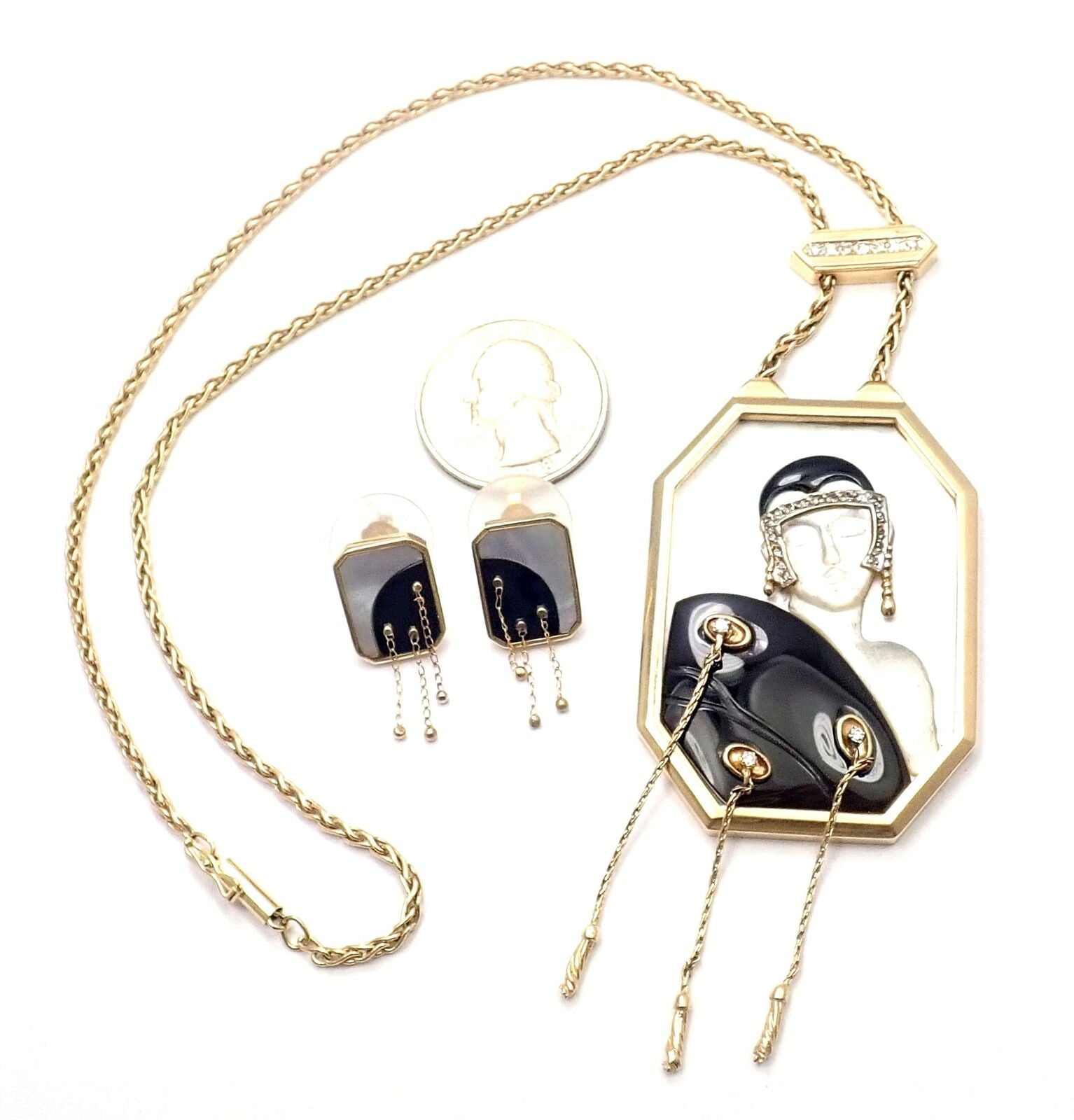 ERTE Folies 14k Yellow Gold Diamond Onyx Mother of Pearl Necklace & Earrings Set | Fortrove