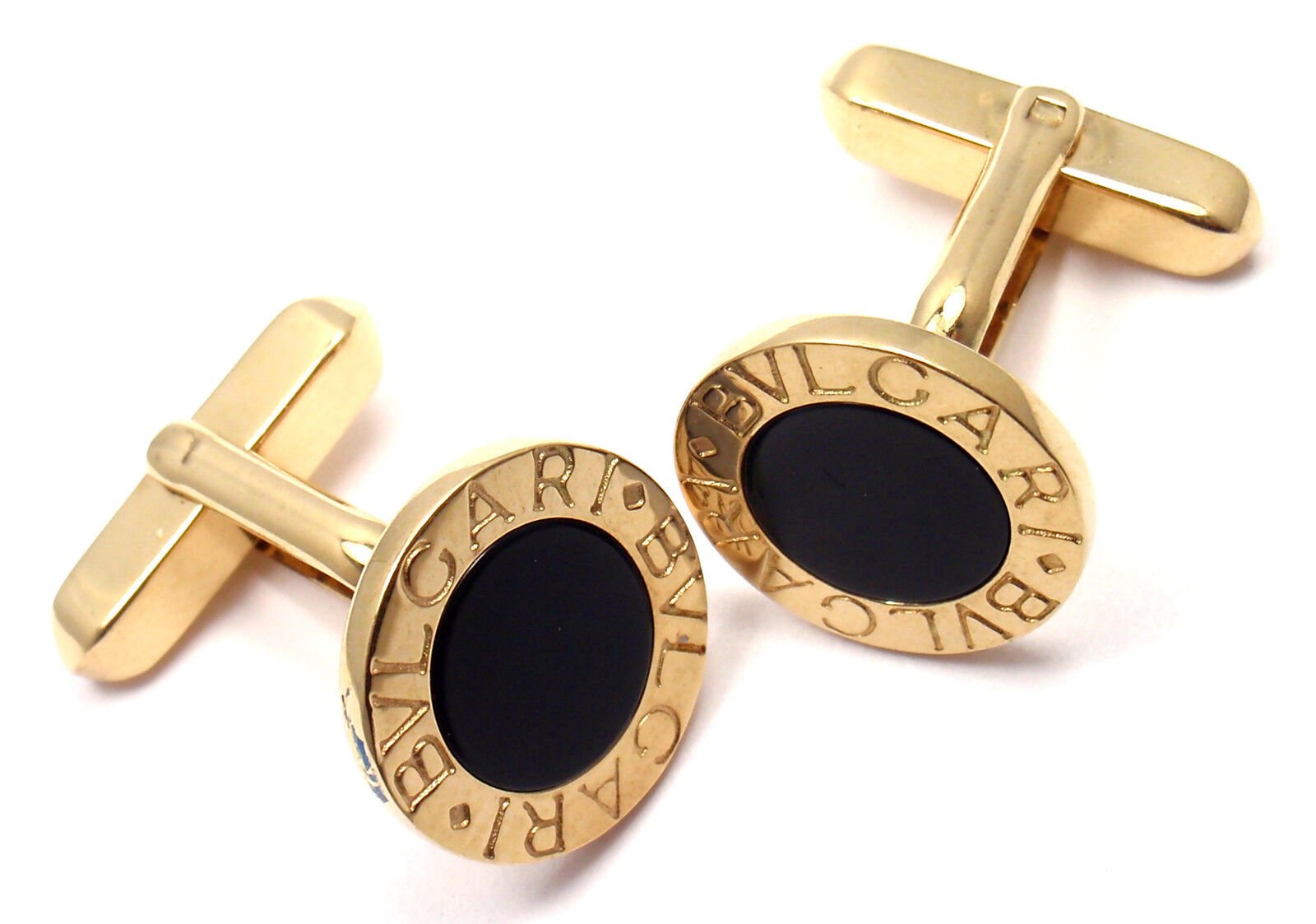 Authentic! Bulgari Bvlgari 18k Yellow Gold Black Onyx Cufflinks | Fortrove