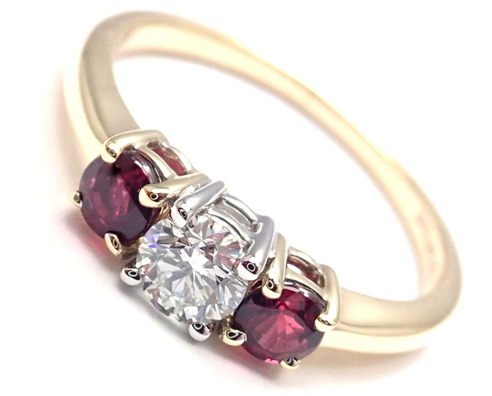 Authentic! Tiffany & Co 18k Gold Platinum Three Stone Diamond Ruby Band Ring | Fortrove