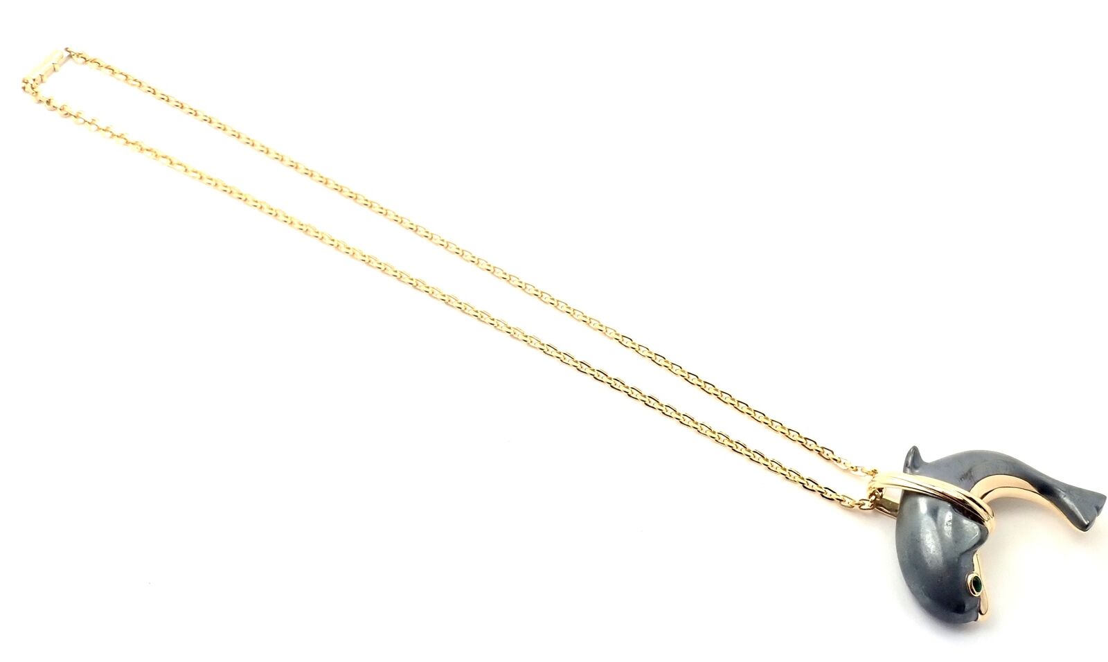 Rare! Authentic Cartier 18k Yellow Gold Hematite Dolphin Pendant Link Necklace | Fortrove