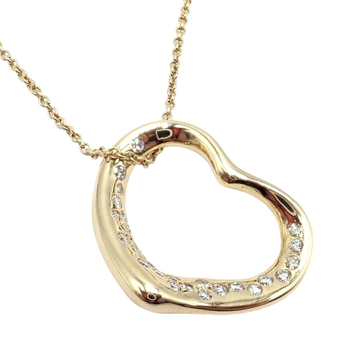 Authentic! Tiffany & Co Elsa Peretti 18k Yellow Gold Diamond Open Heart Necklace | Fortrove