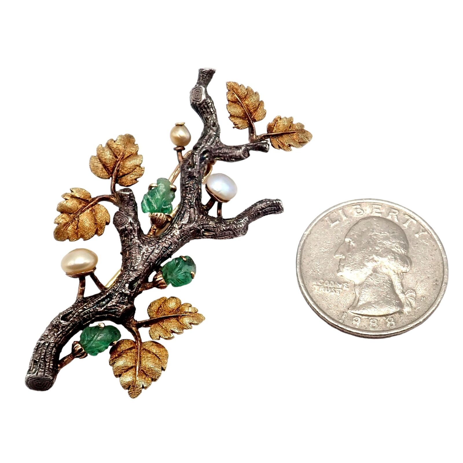 Vintage Buccellati 18k White Yellow Gold Carved Emerald Branch Twig Brooch Pin | Fortrove
