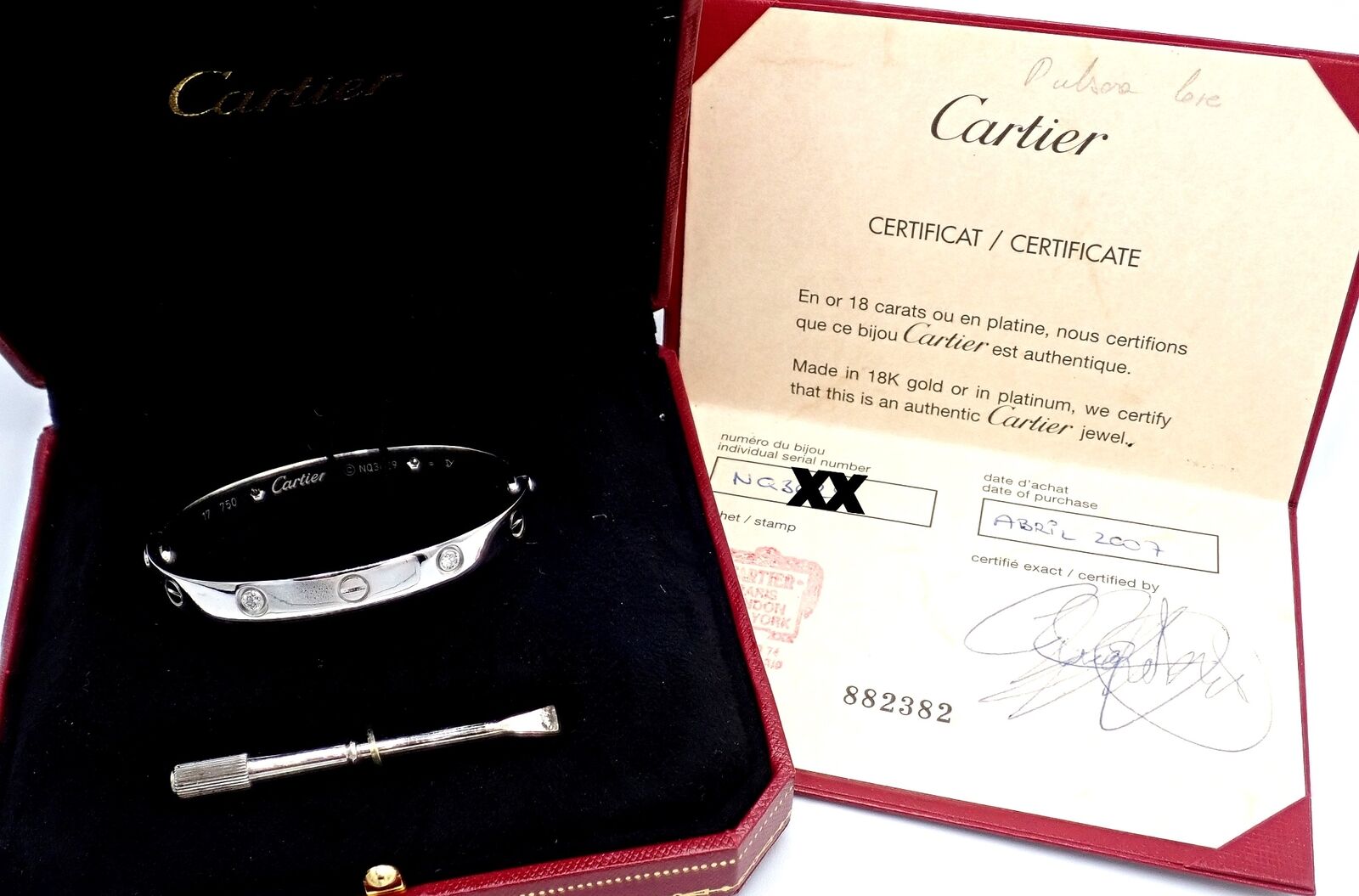 Authentic! Cartier 18k White Gold 4 Diamond Love Bangle Bracelet Size 17 Cert. | Fortrove