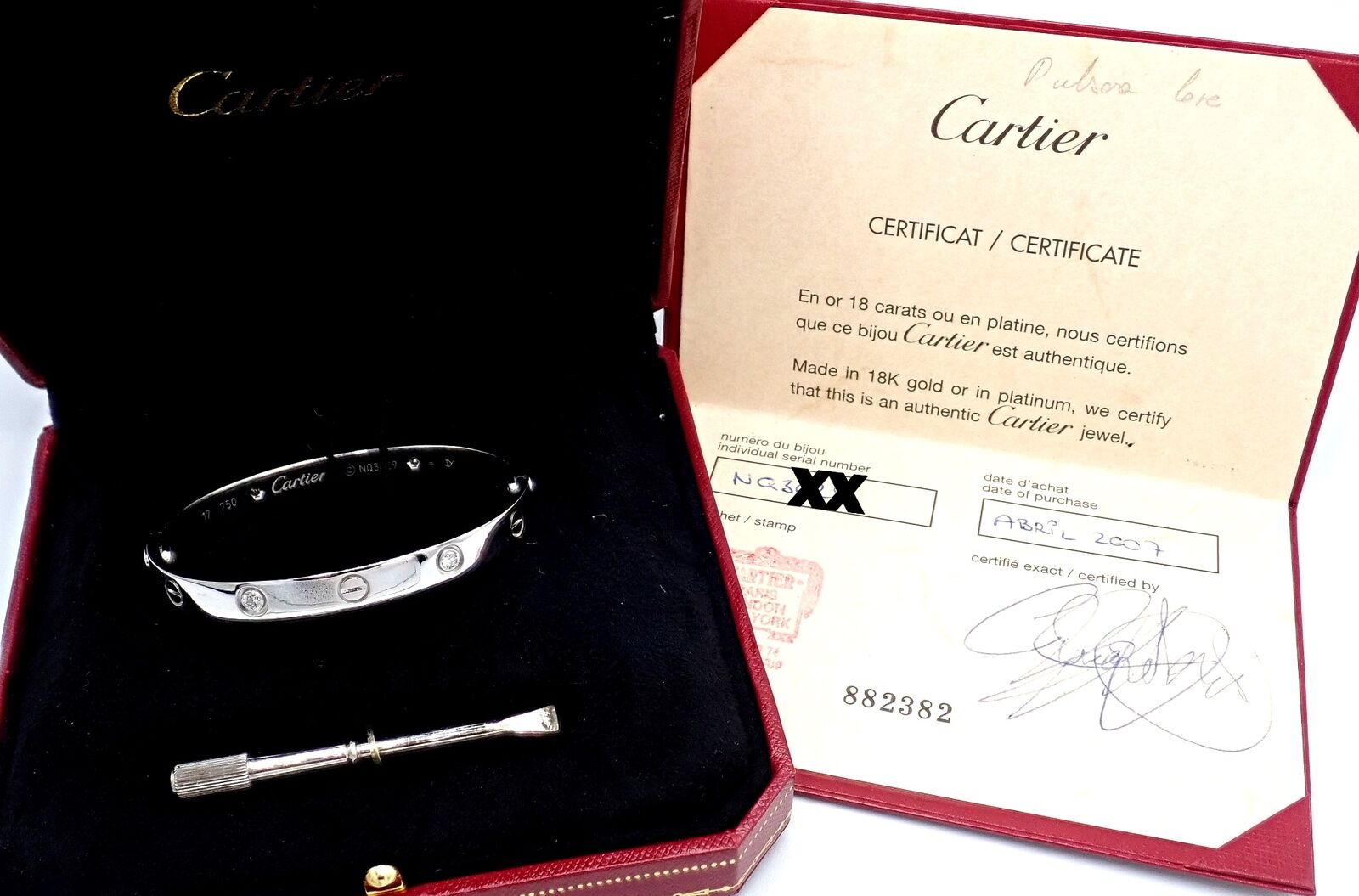 Cartier Jewelry & Watches:Fine Jewelry:Bracelets & Charms Authentic! Cartier 18k White Gold 4 Diamond Love Bangle Bracelet Size 17 Cert.