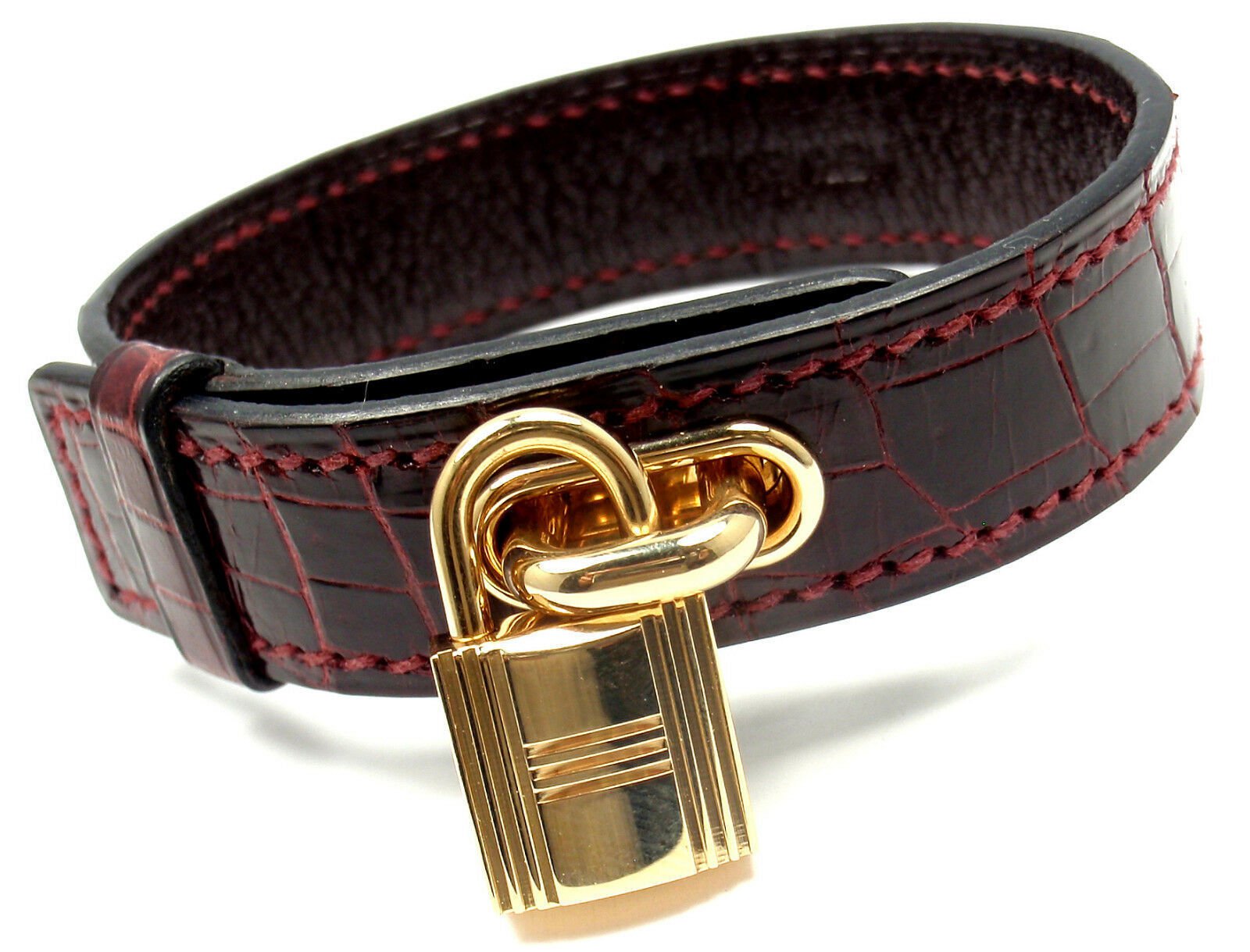 Very Rare! Authentic HERMES 18k Yellow Gold & Crocodile Burgundy Bracelet | Fortrove
