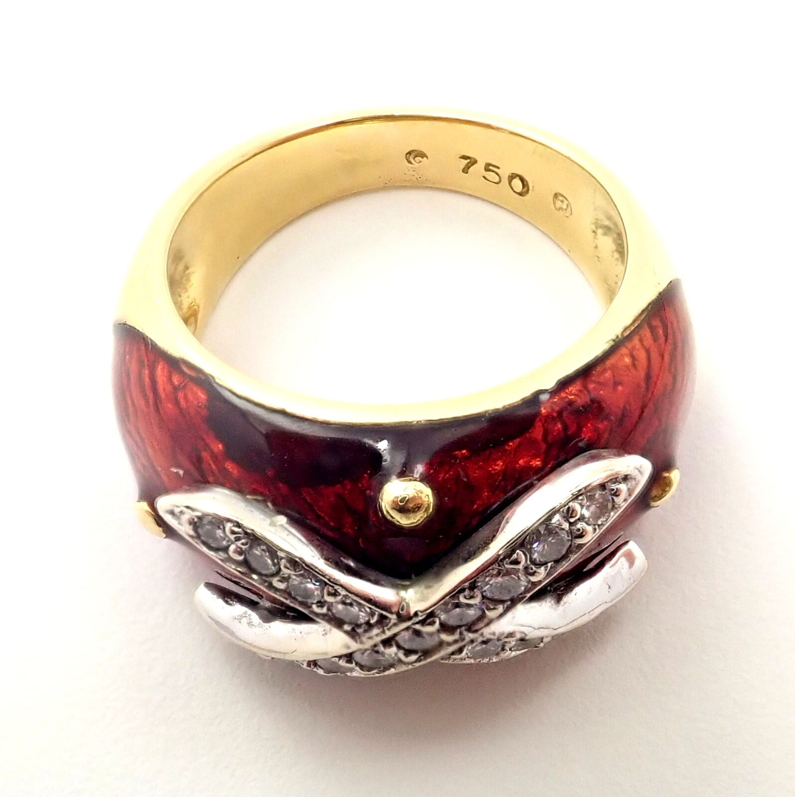 Authentic! Hidalgo 18K Yellow Gold Red Enamel X Diamond Ring Sz 5 | Fortrove