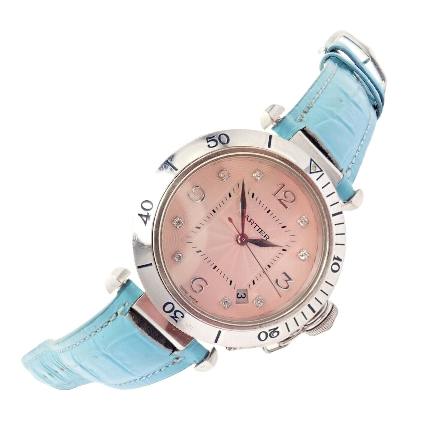 Authentic! Cartier 18k White Gold Pasha Pink Dial Miami Diamond Automatic Watch | Fortrove