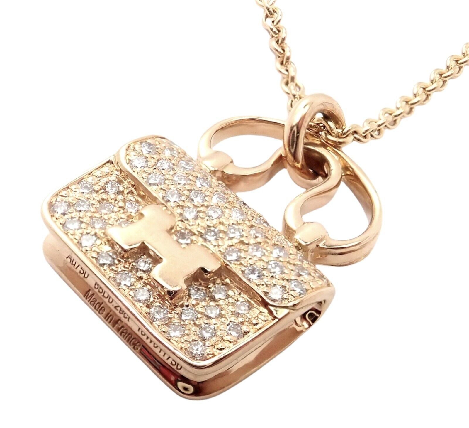 Rare! Authentic Hermes 18k Rose Gold Diamond Constance Amulette Pendant Necklace | Fortrove