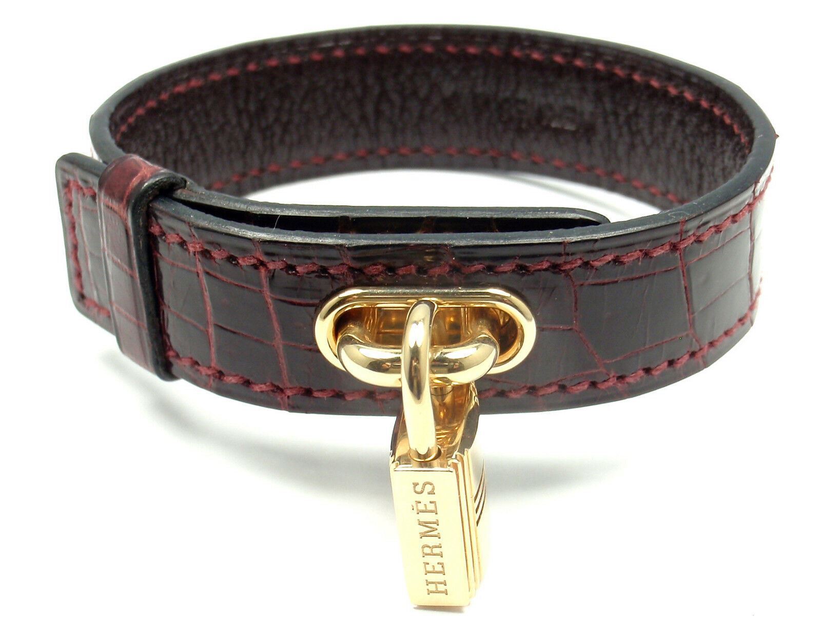 Very Rare! Authentic HERMES 18k Yellow Gold & Crocodile Burgundy Bracelet | Fortrove