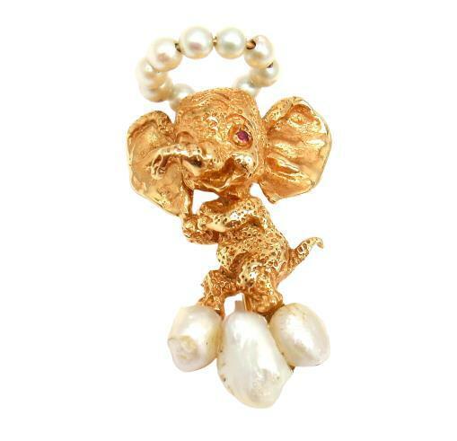 Rare Vintage Ruser 14k Yellow Gold Republican Ruby Pearl Happy Elephant Pin | Fortrove