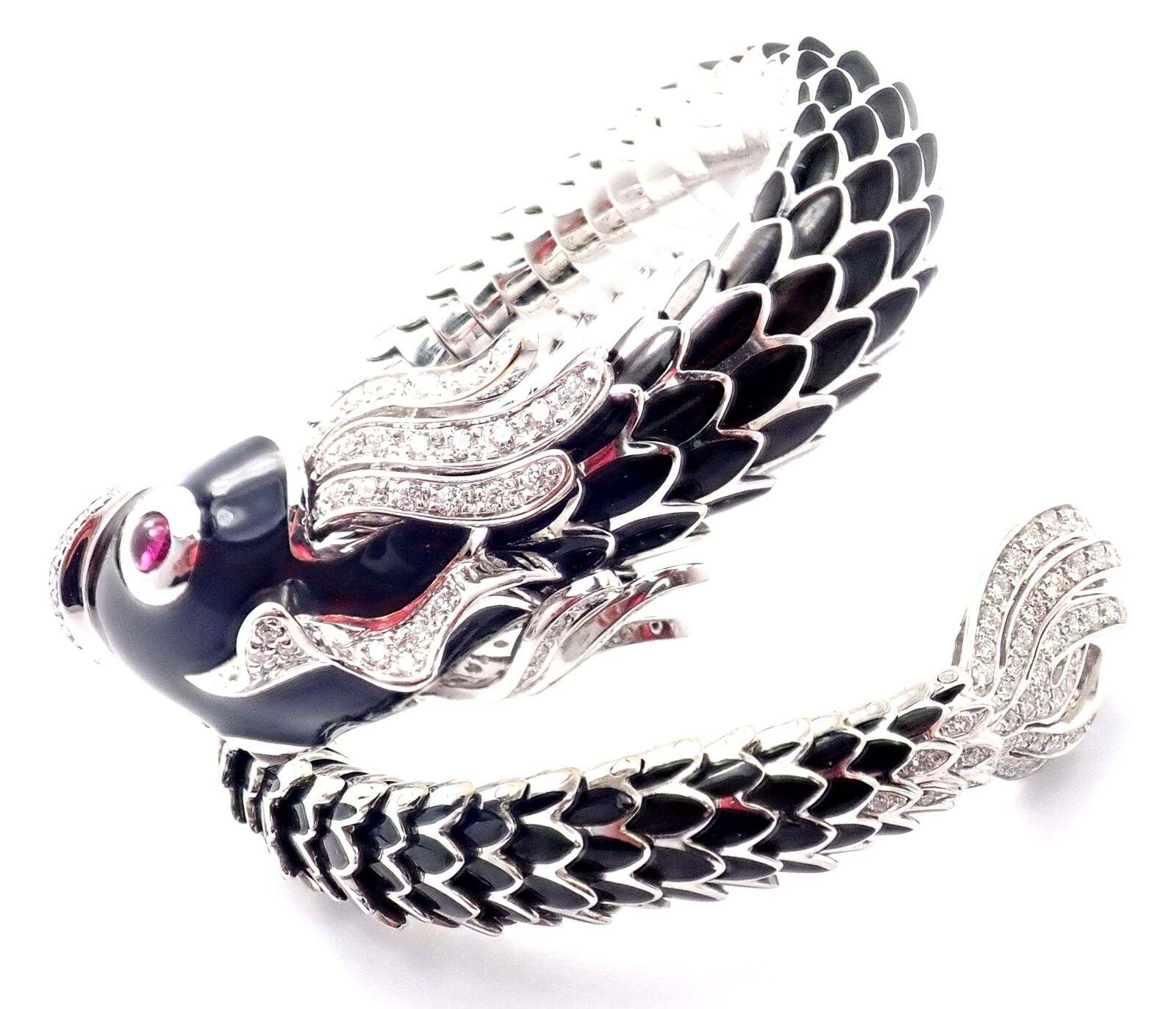 Authentic! Roberto Coin Nemo 18k White Gold Diamond Ruby Enamel Cuff Bracelet | Fortrove
