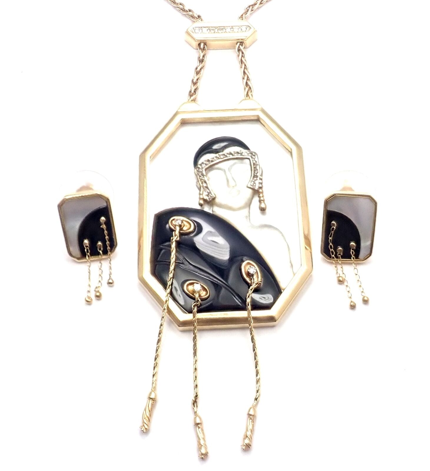ERTE Folies 14k Yellow Gold Diamond Onyx Mother of Pearl Necklace & Earrings Set | Fortrove