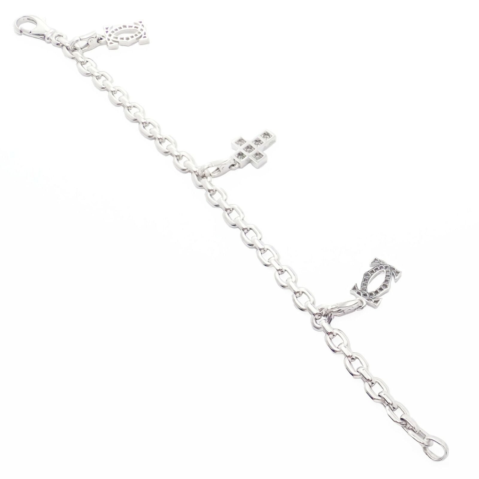 Authentic! Cartier 18k White Gold 3 Charm Bracelet with Diamond Cross Double C's | Fortrove