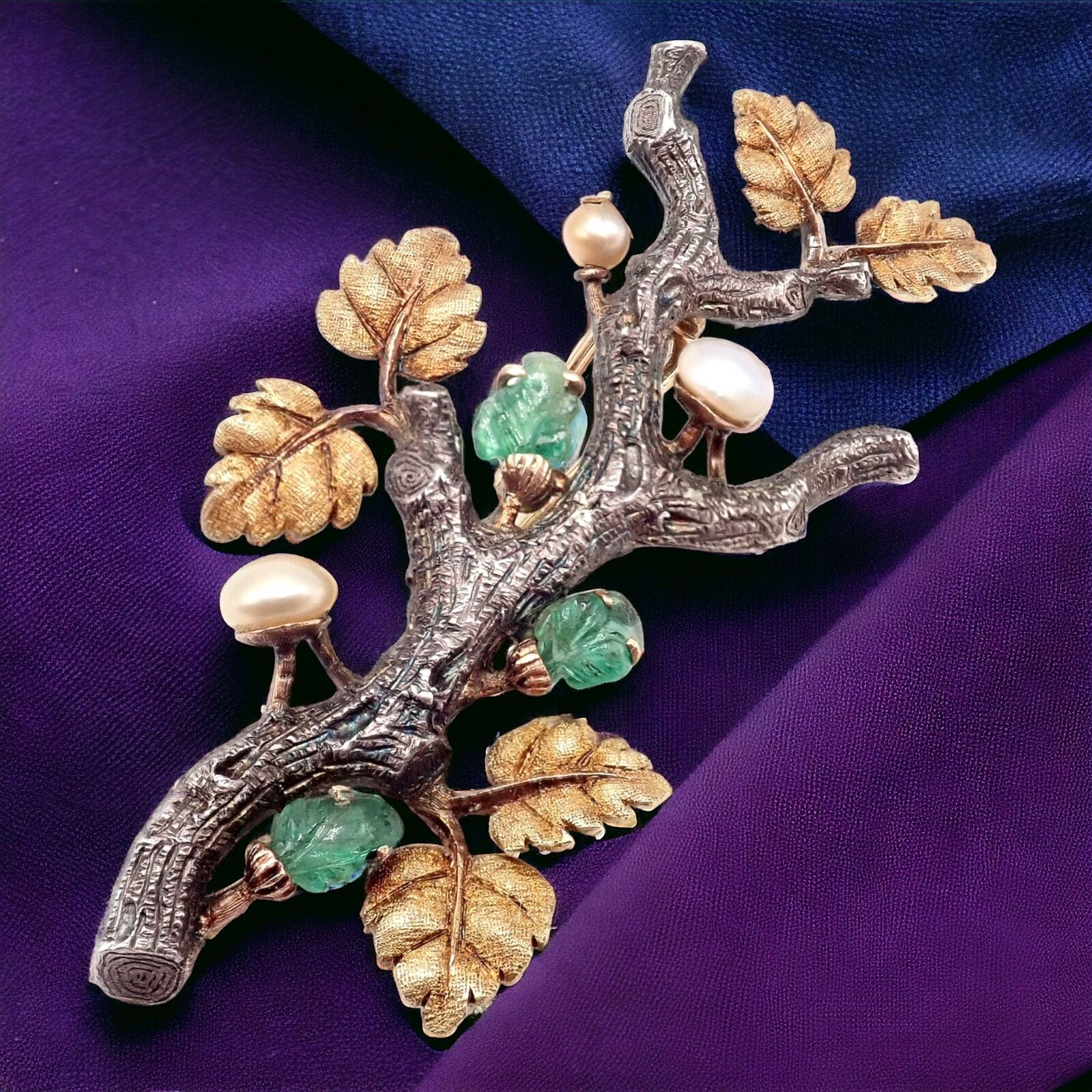 Buccellati Jewelry & Watches:Fine Jewelry:Brooches & Pins Vintage Buccellati 18k White Yellow Gold Carved Emerald Branch Twig Brooch Pin